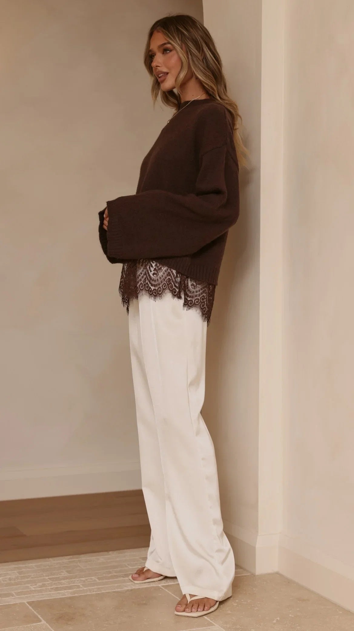 Kylan Lace Trim Sweater Brown