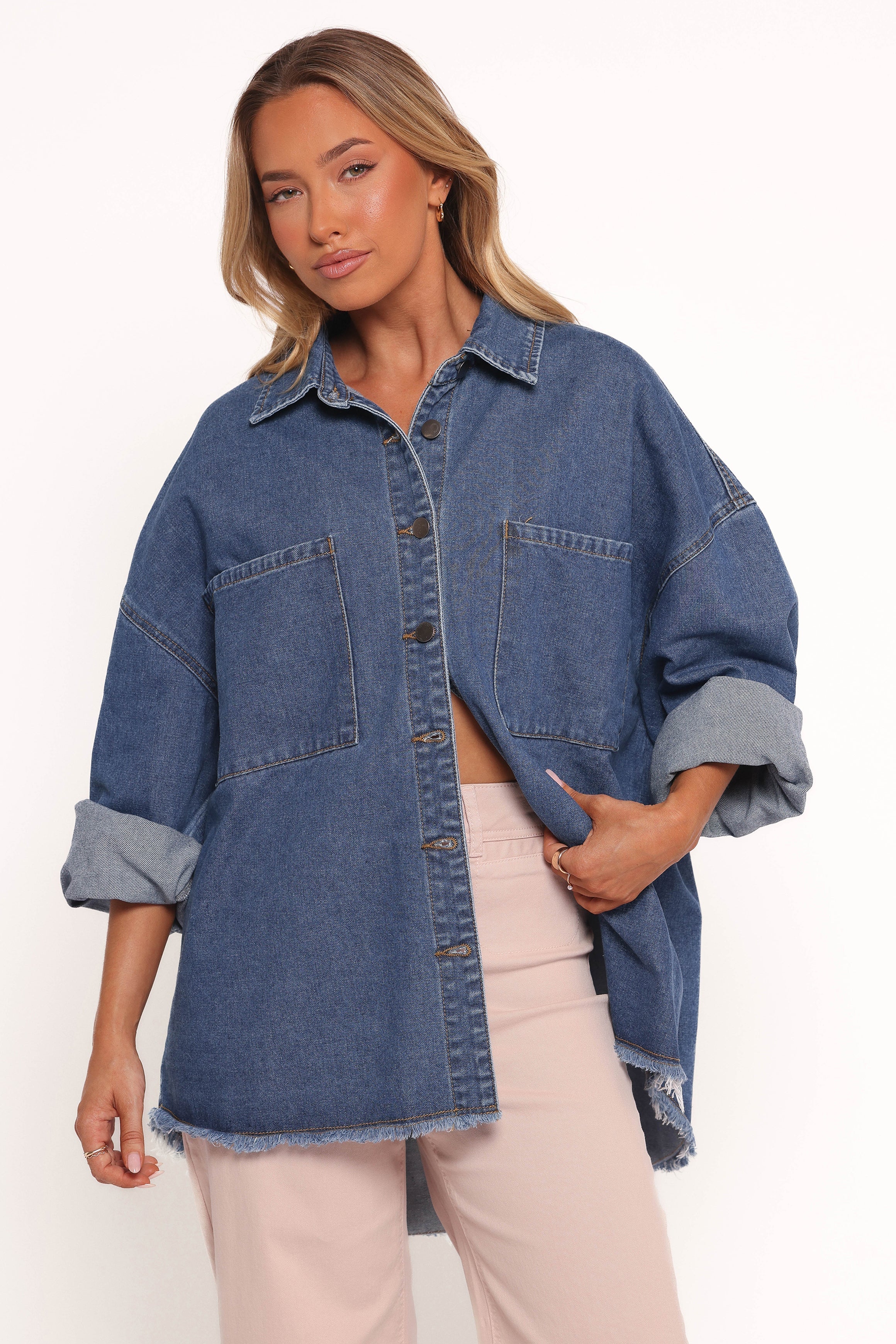 Twiggy Frayed Edge Denim Shacket Denim