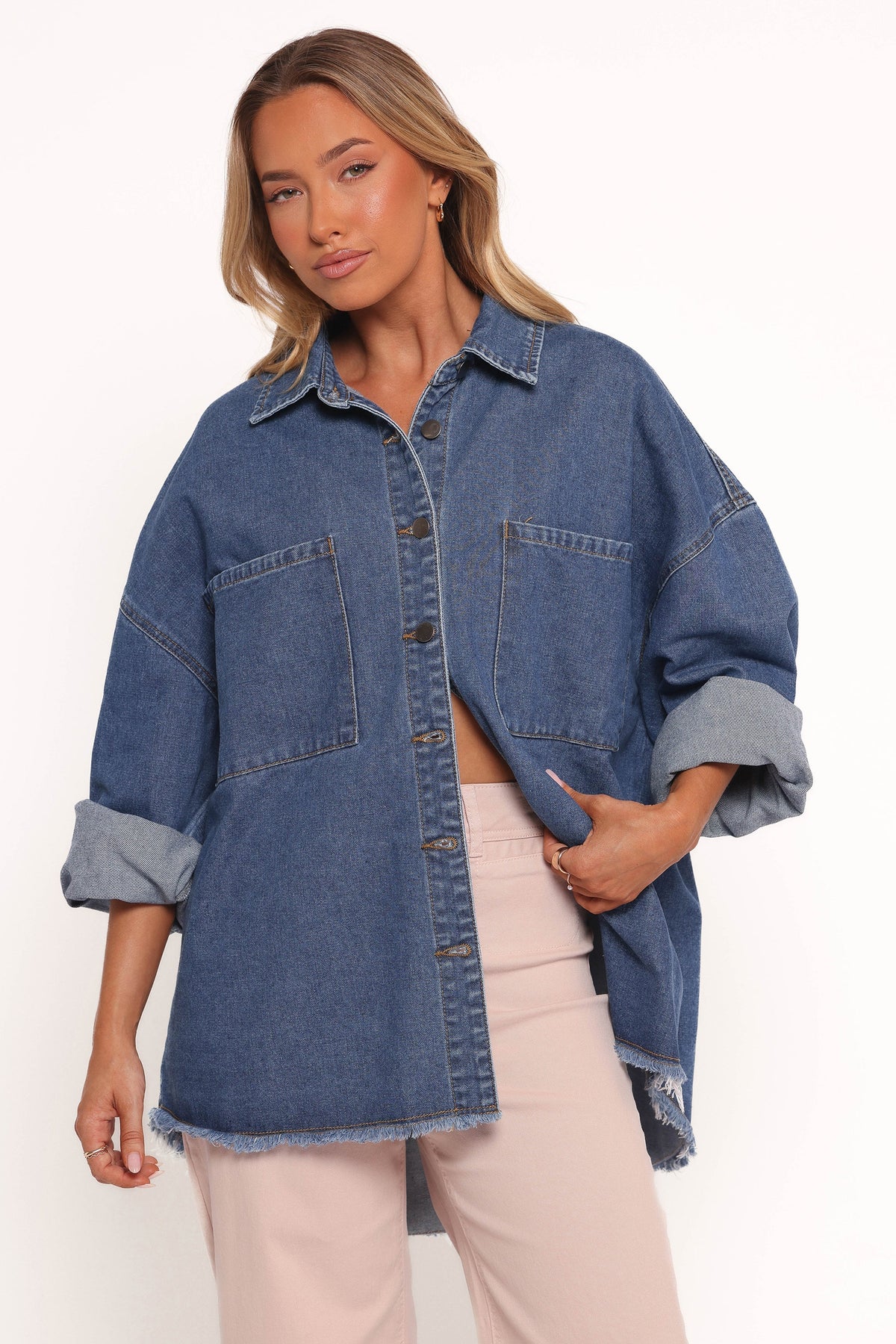 Twiggy Frayed Edge Denim Shacket Denim