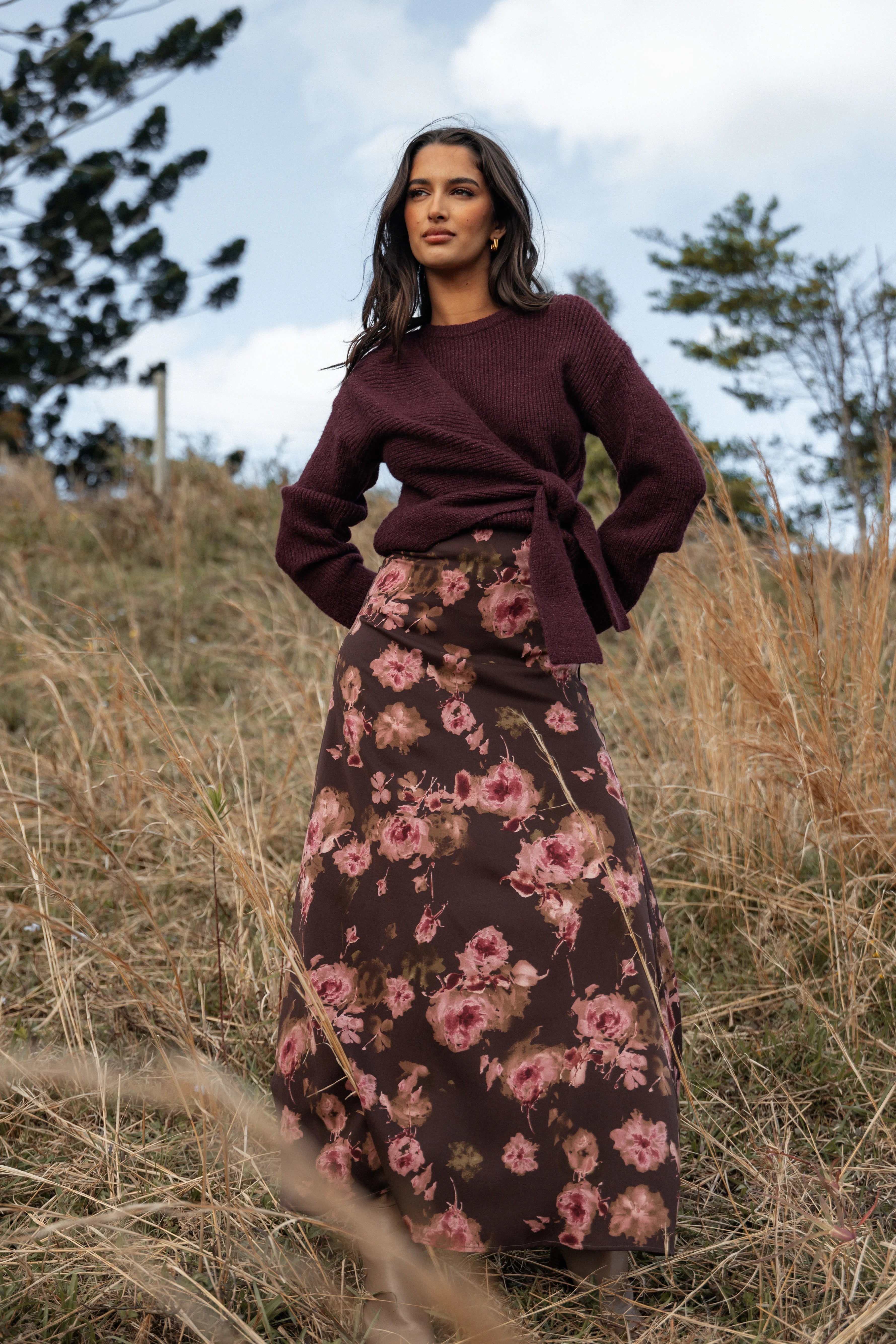 Ettie Wrap Side Tie Knit Sweater Burgundy