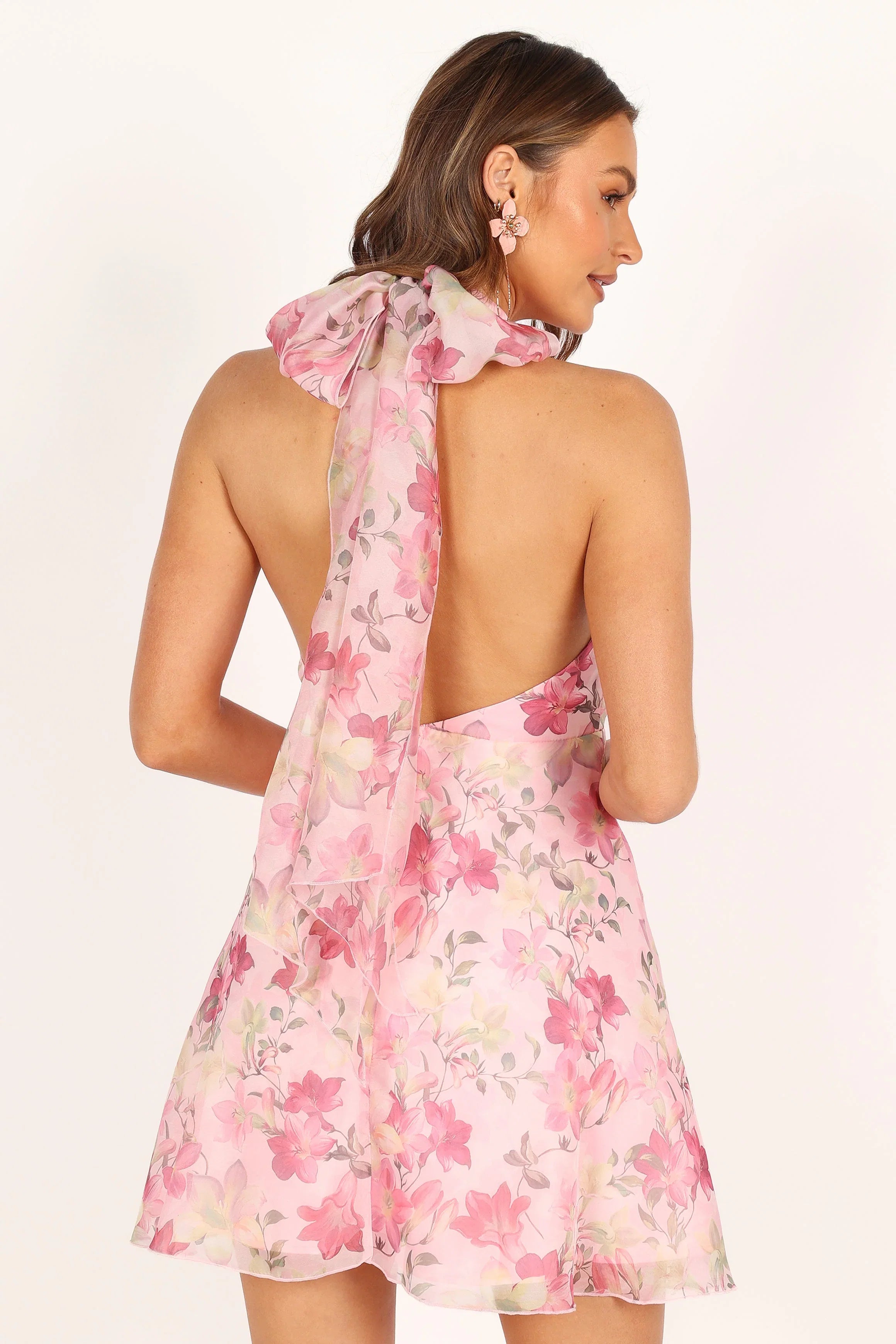 Gardenia Halter Mini Dress Pink Floral