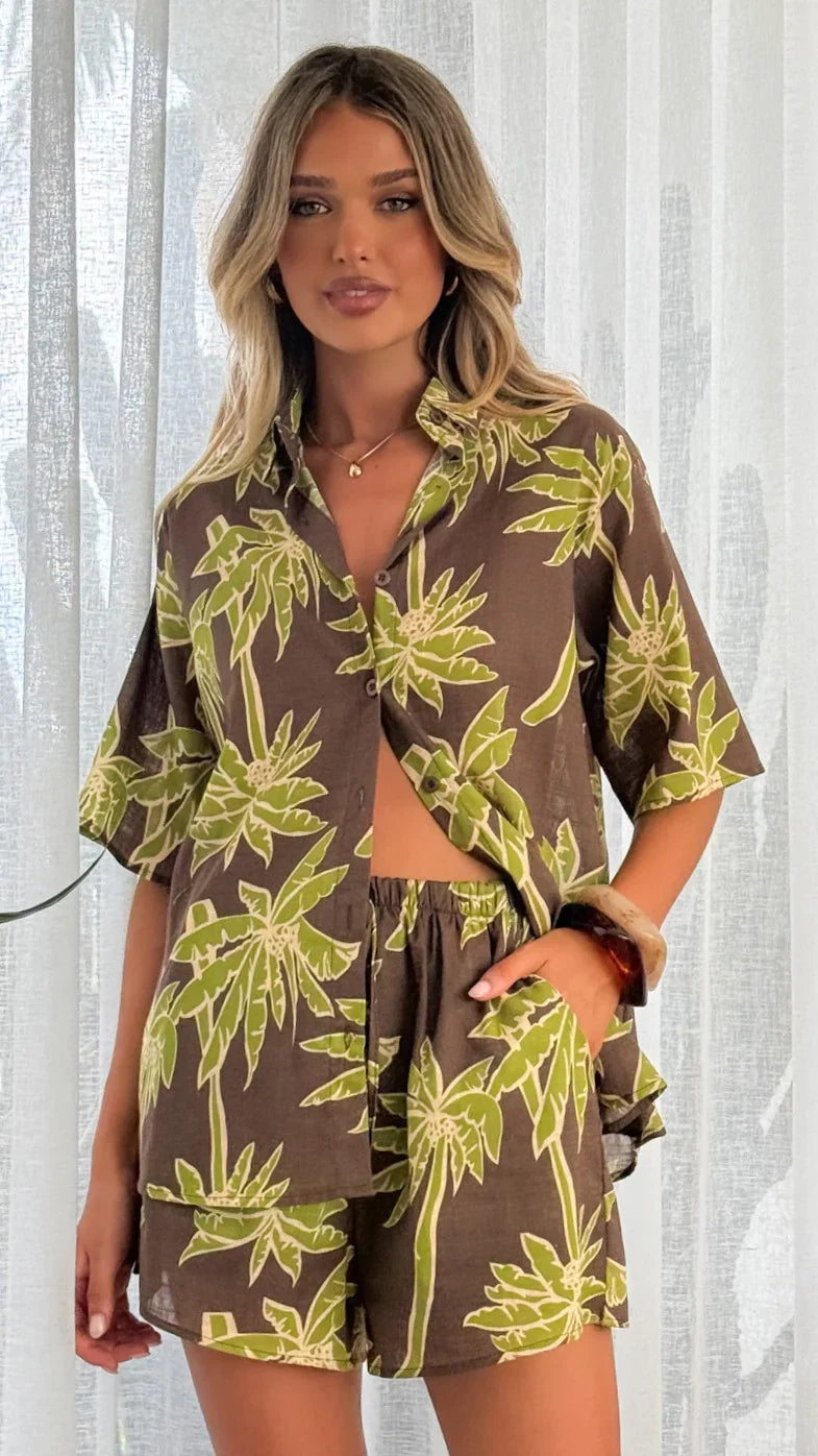Ravenna Button Up Shirt and Shorts Set Brown Green Palm