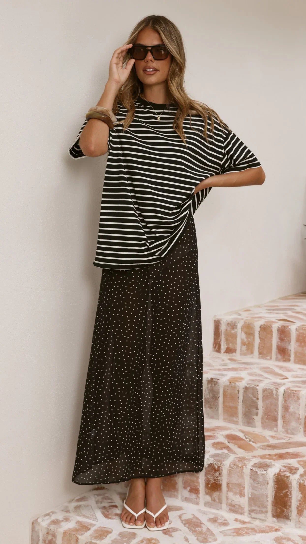 Elisha T Shirt and Sheer Maxi Skirt Set White Black Stripe and Polka Dot