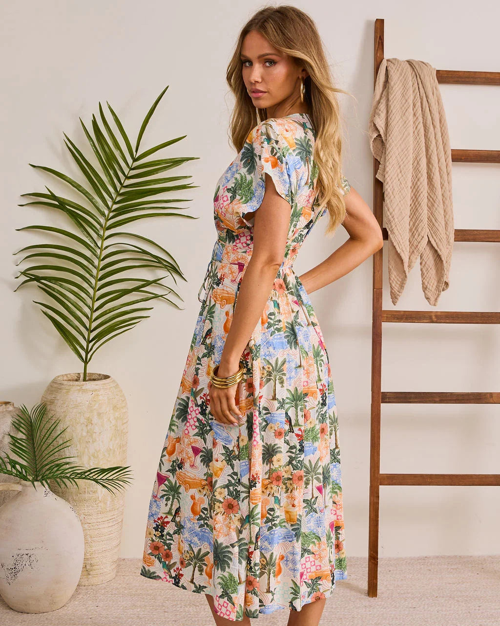 Holiday Shine Tropical Novelty Midi Dress