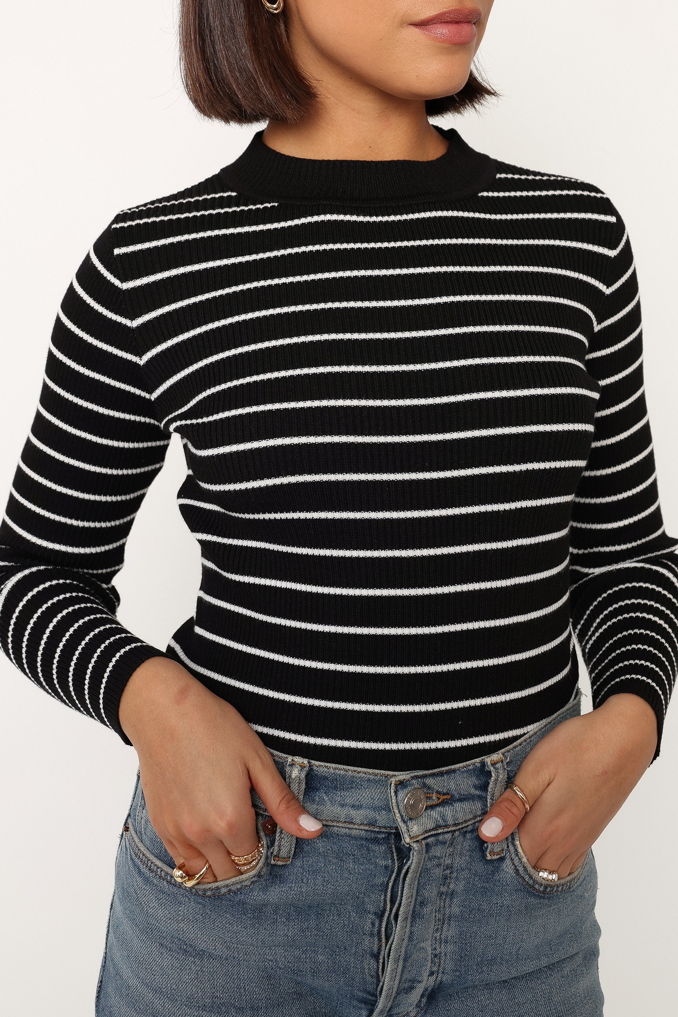 Stacie Ribbed Knit Top Black Stripe