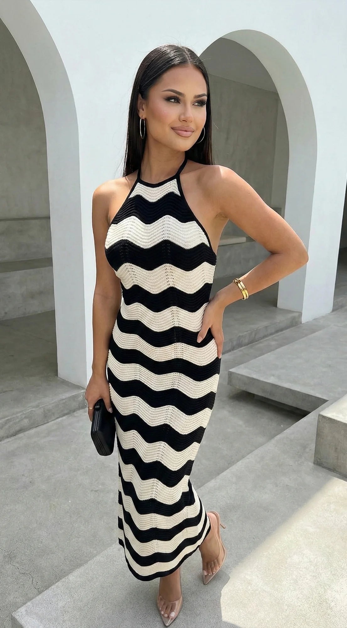 Solara Knit Halter Maxi Dress Cream Beige