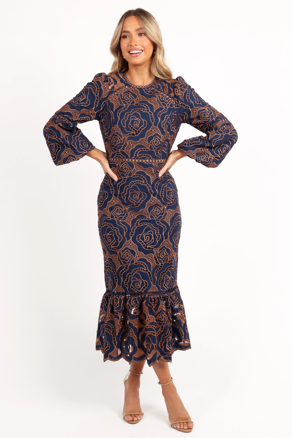 Pierre Long Sleeve Lace Maxi Dress Navy