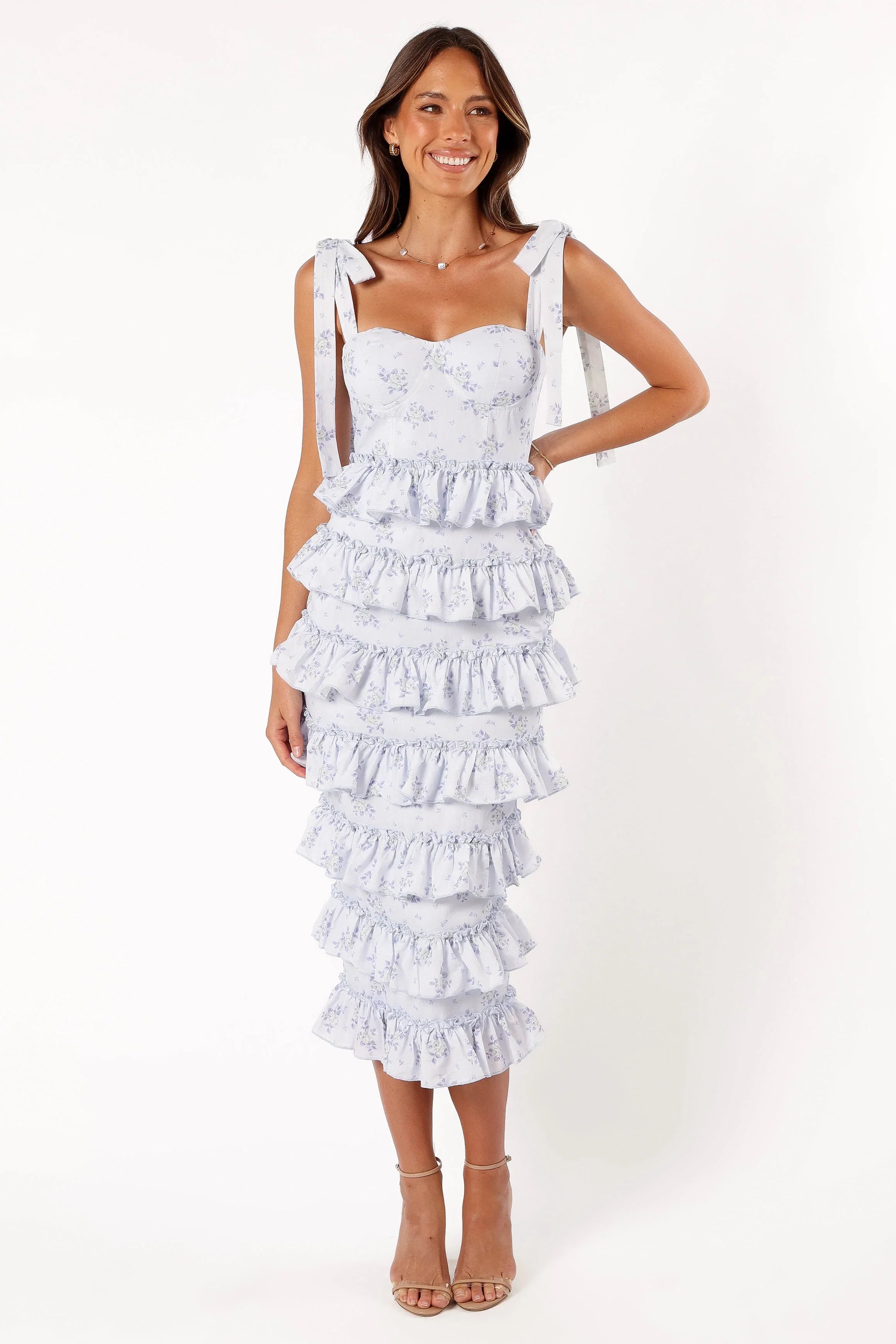 Marina Frilled Midi Dress Blue Floral