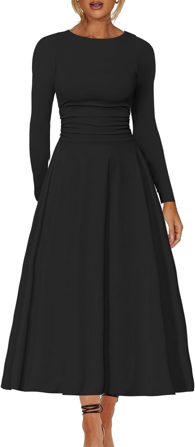 A Line Maxi Dress Ruffle Ruched Waist Flowy Long Dress