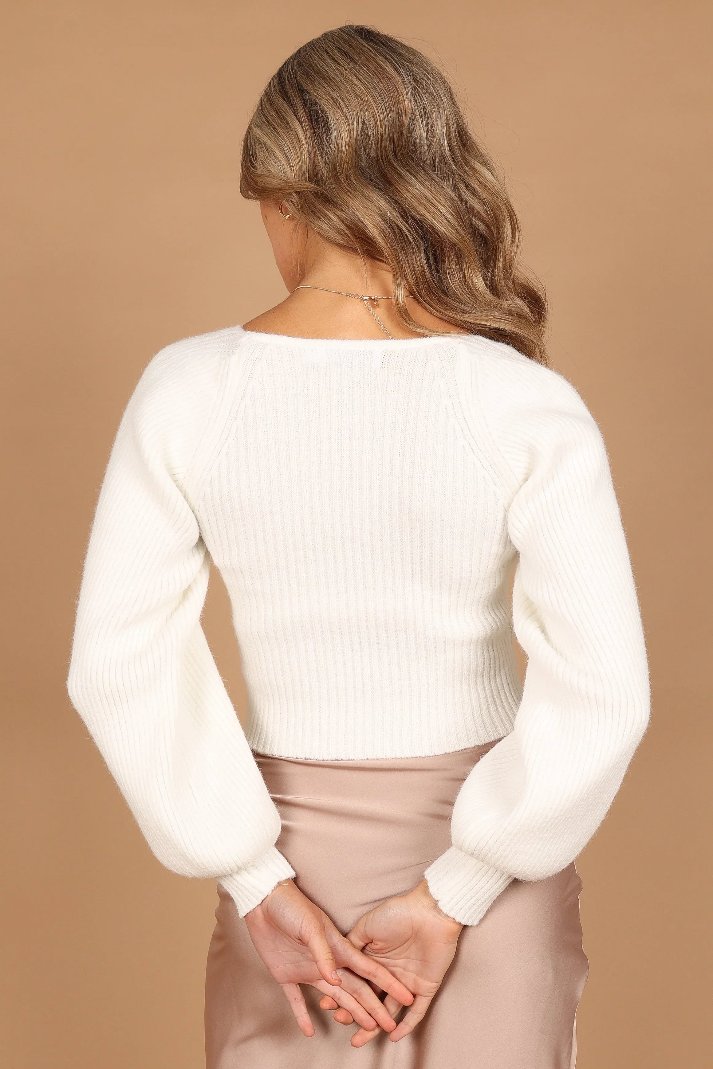 Gia Sweetheart Neck Bell Sleeve Knit Sweater White