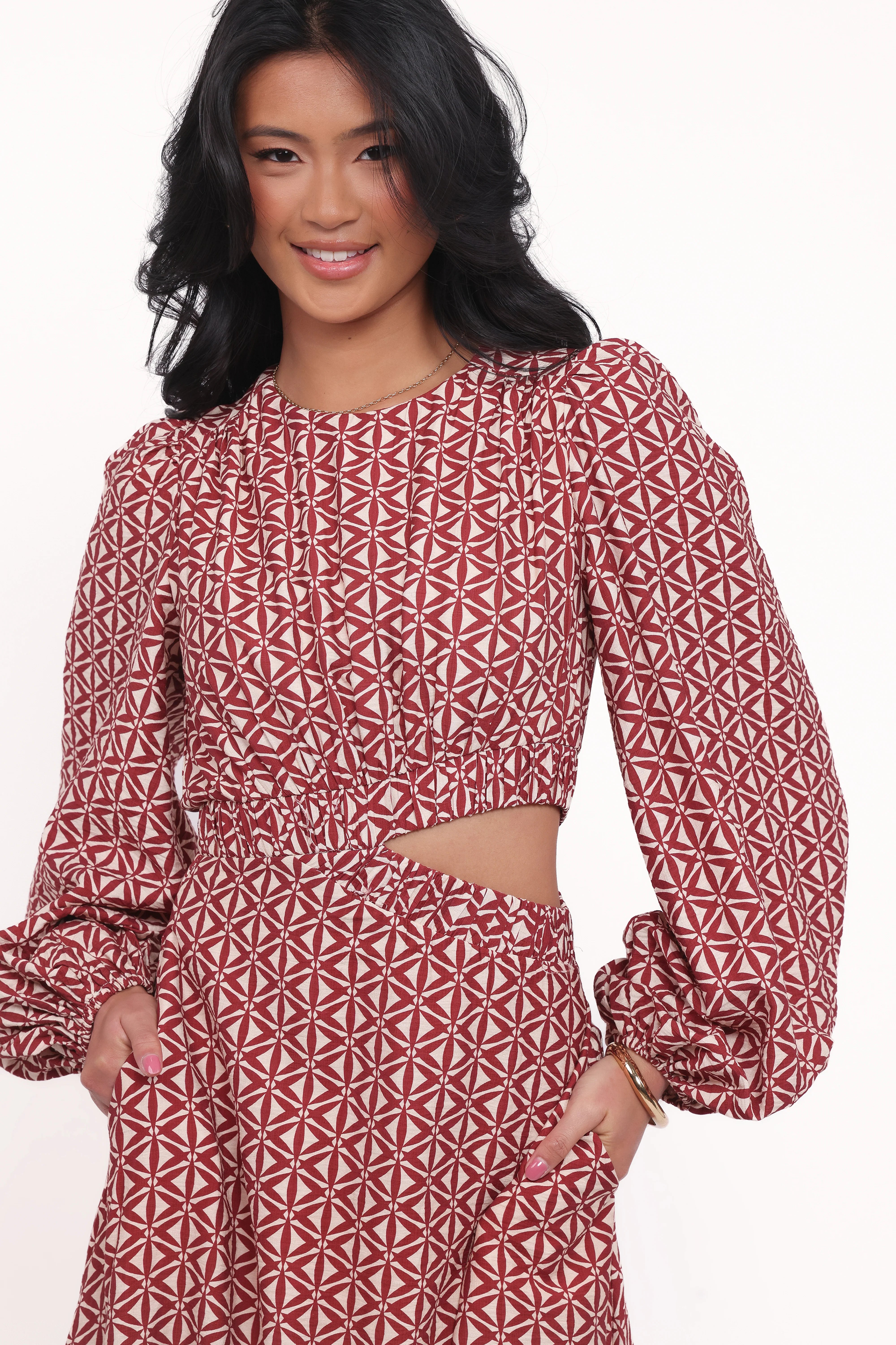 Ginnee Puff Sleeve Cutout Midi Dress Brown Geo