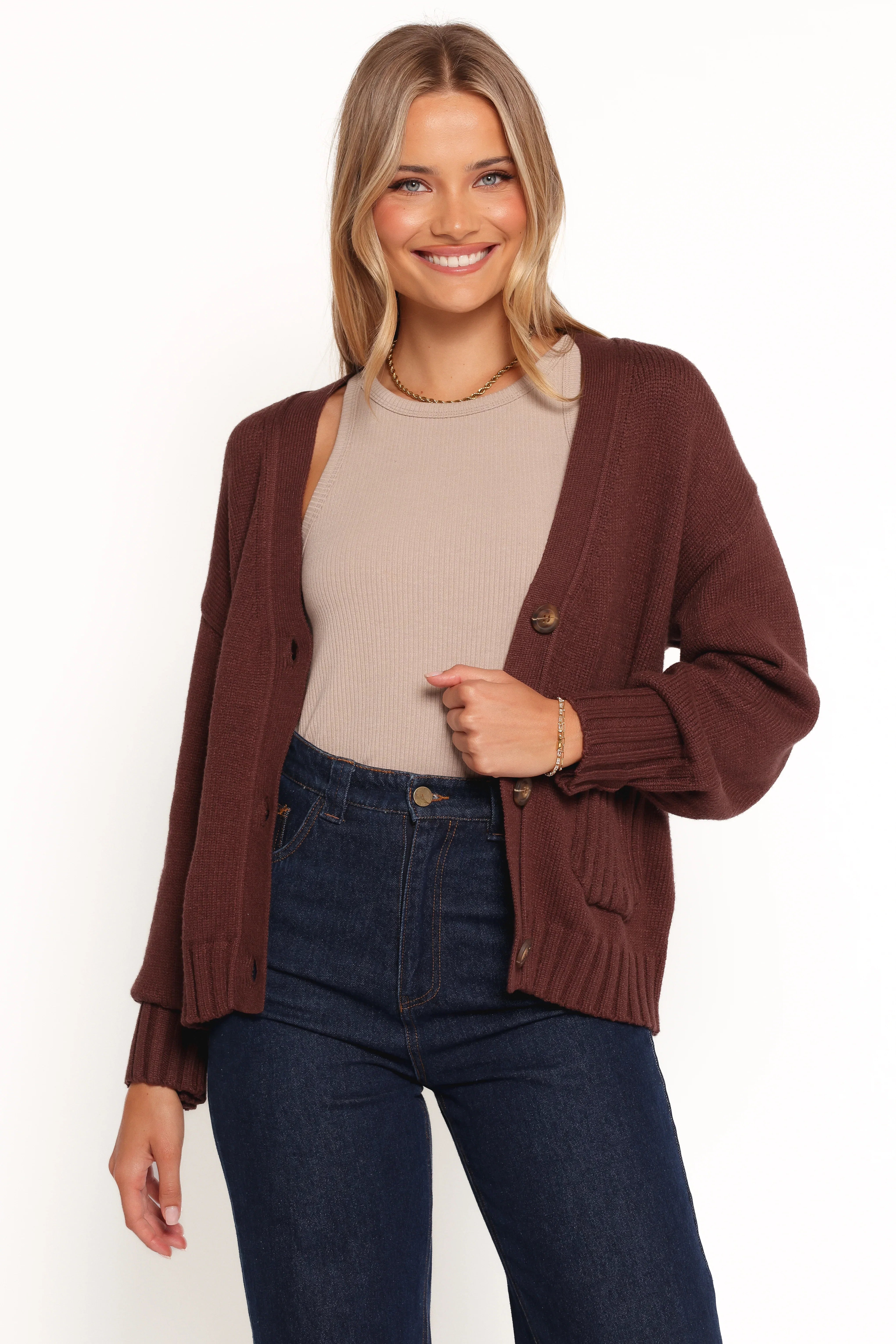 Eden Button Front Cardigan Brown