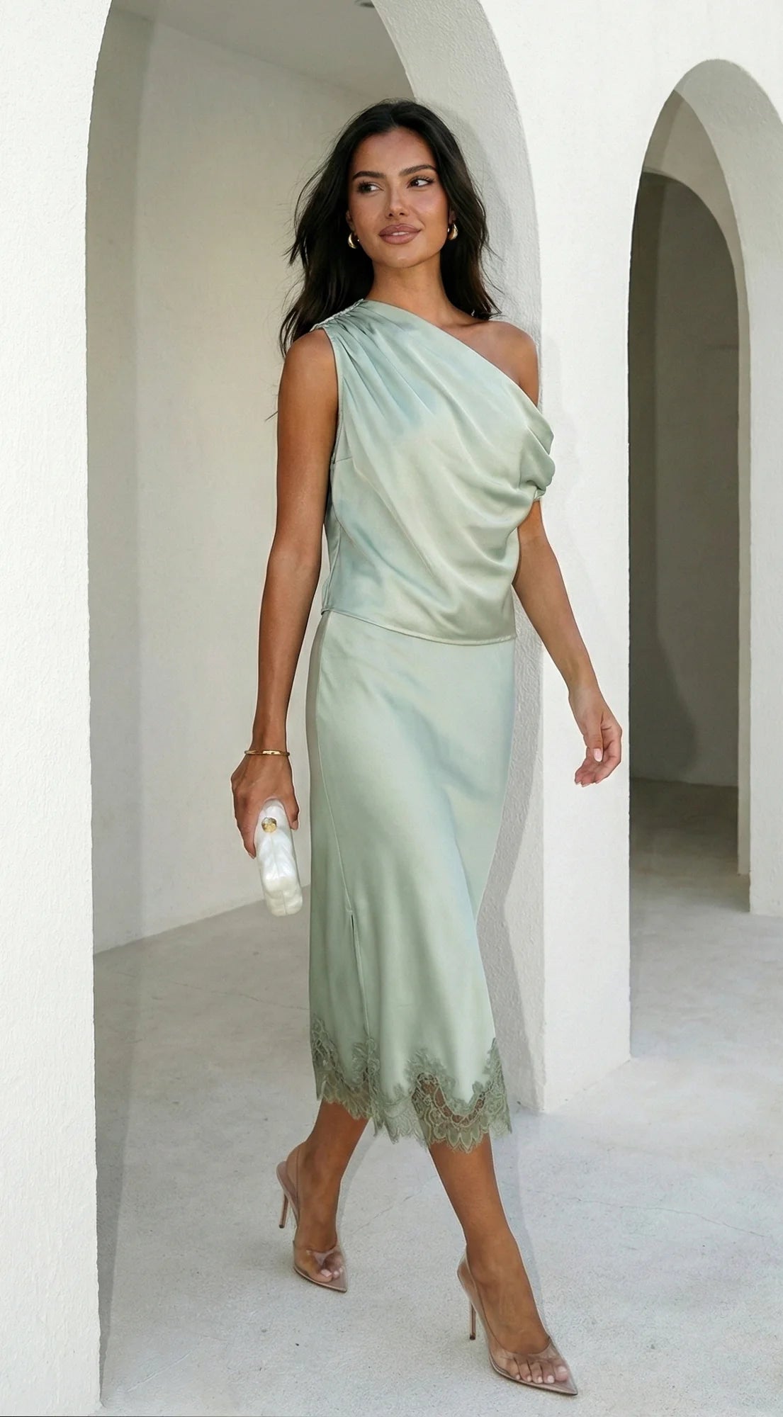Alessara Satin Lace Off Shoulder Set Sage Green