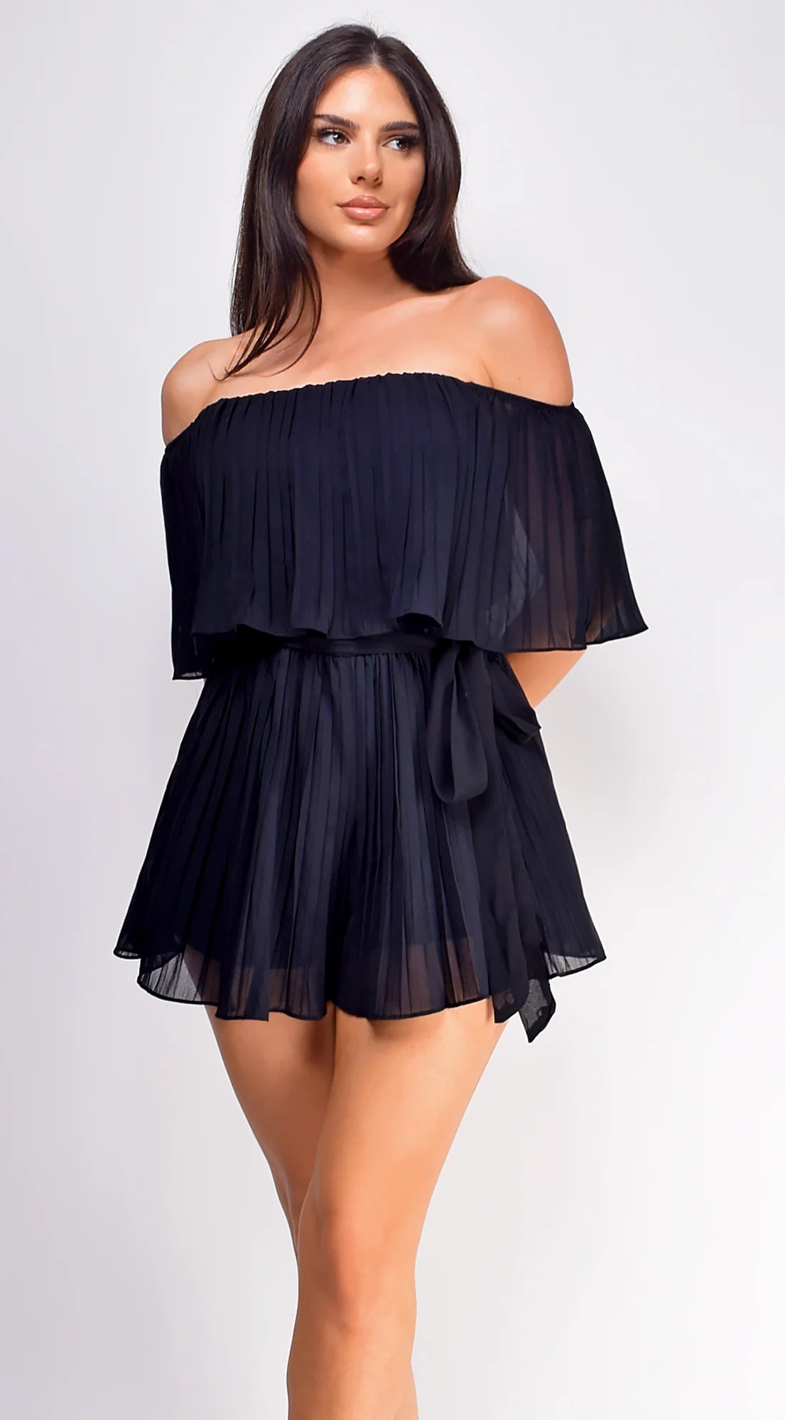 Jazmin Off Shoulder Pleated Romper Black