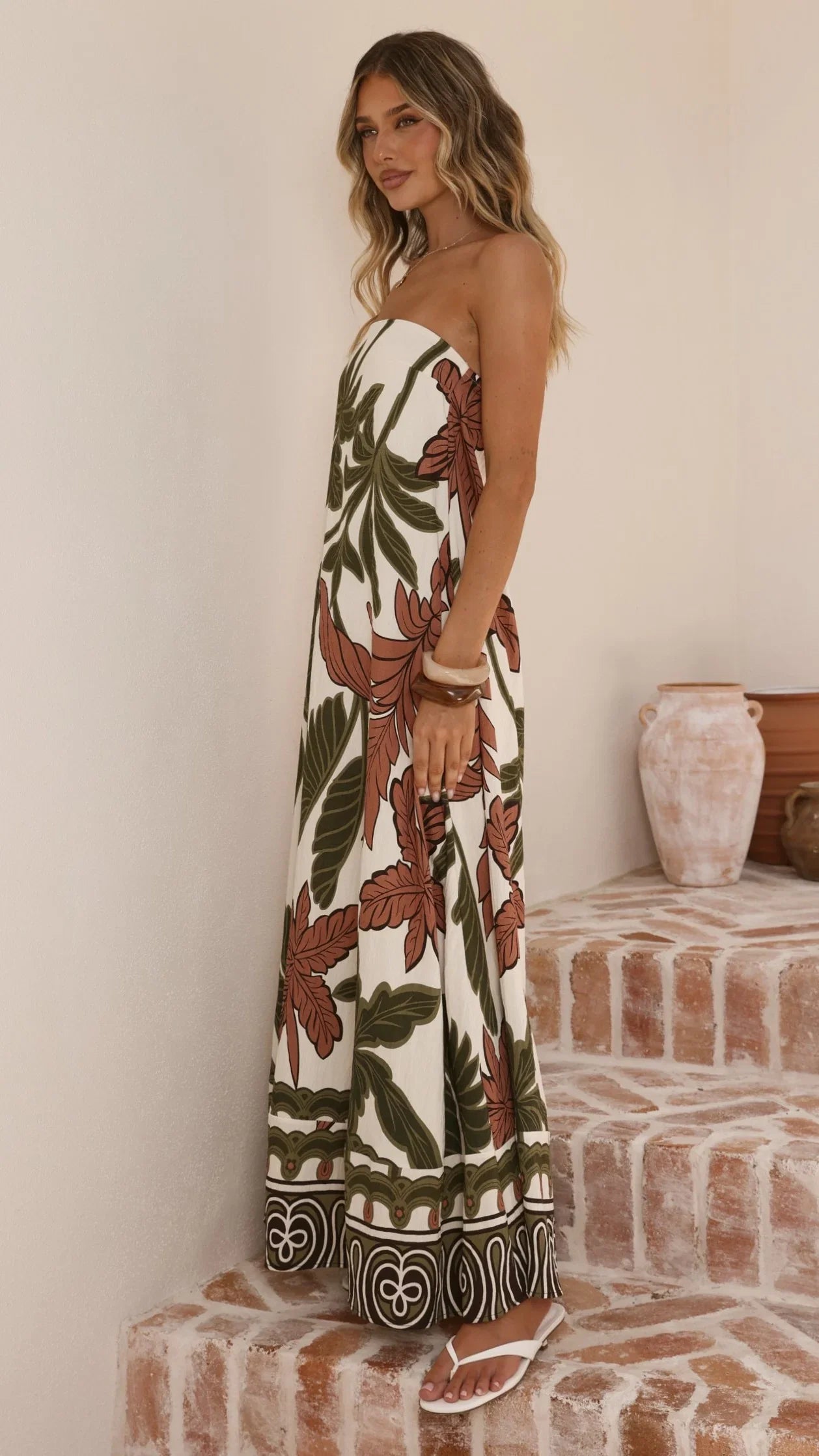Connie Maxi Dress Green Beige Palm