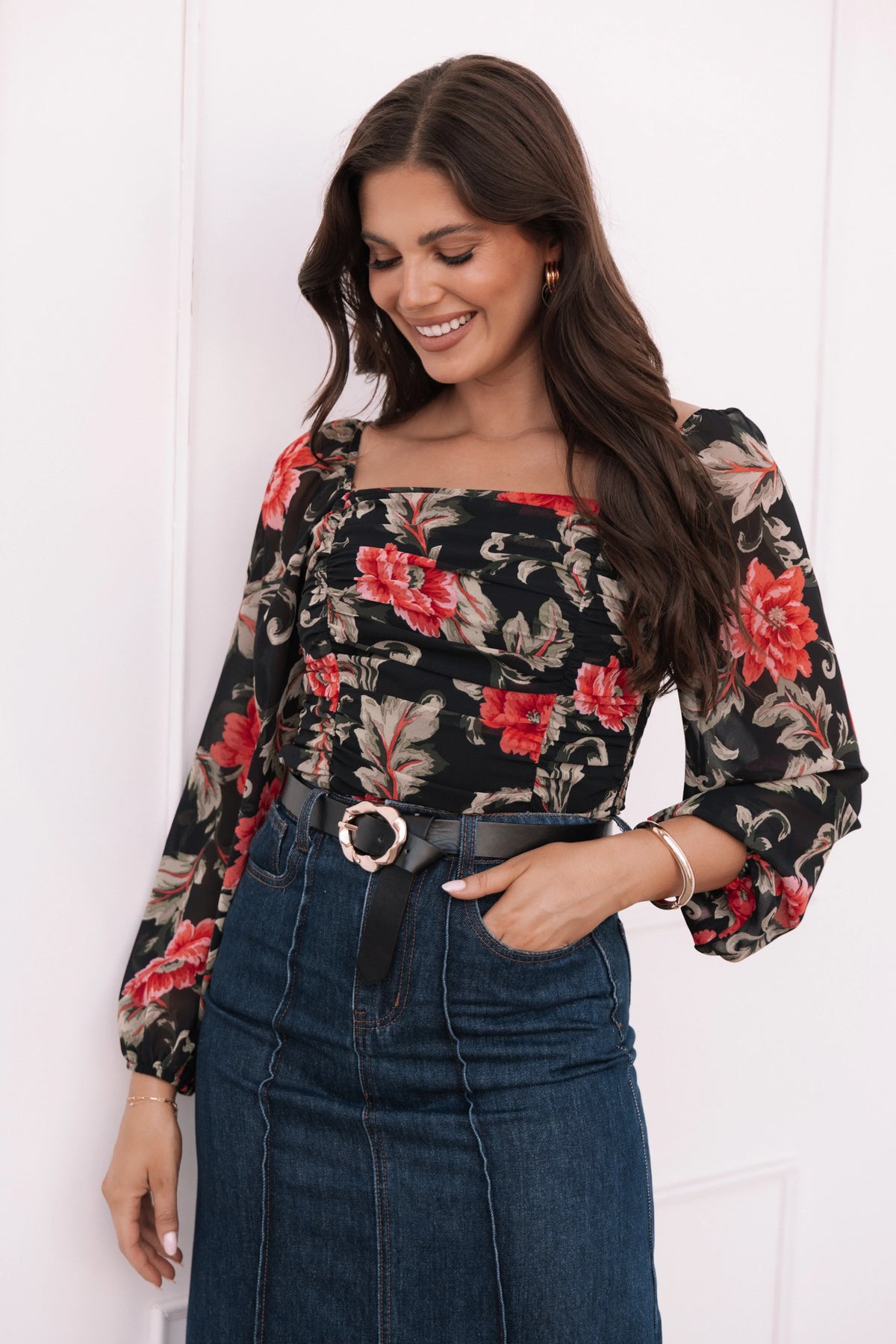 Maia Long Sleeve Top Black Floral