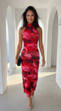 Sweet Escape Floral Print High Neck Maxi Dress Red Multi