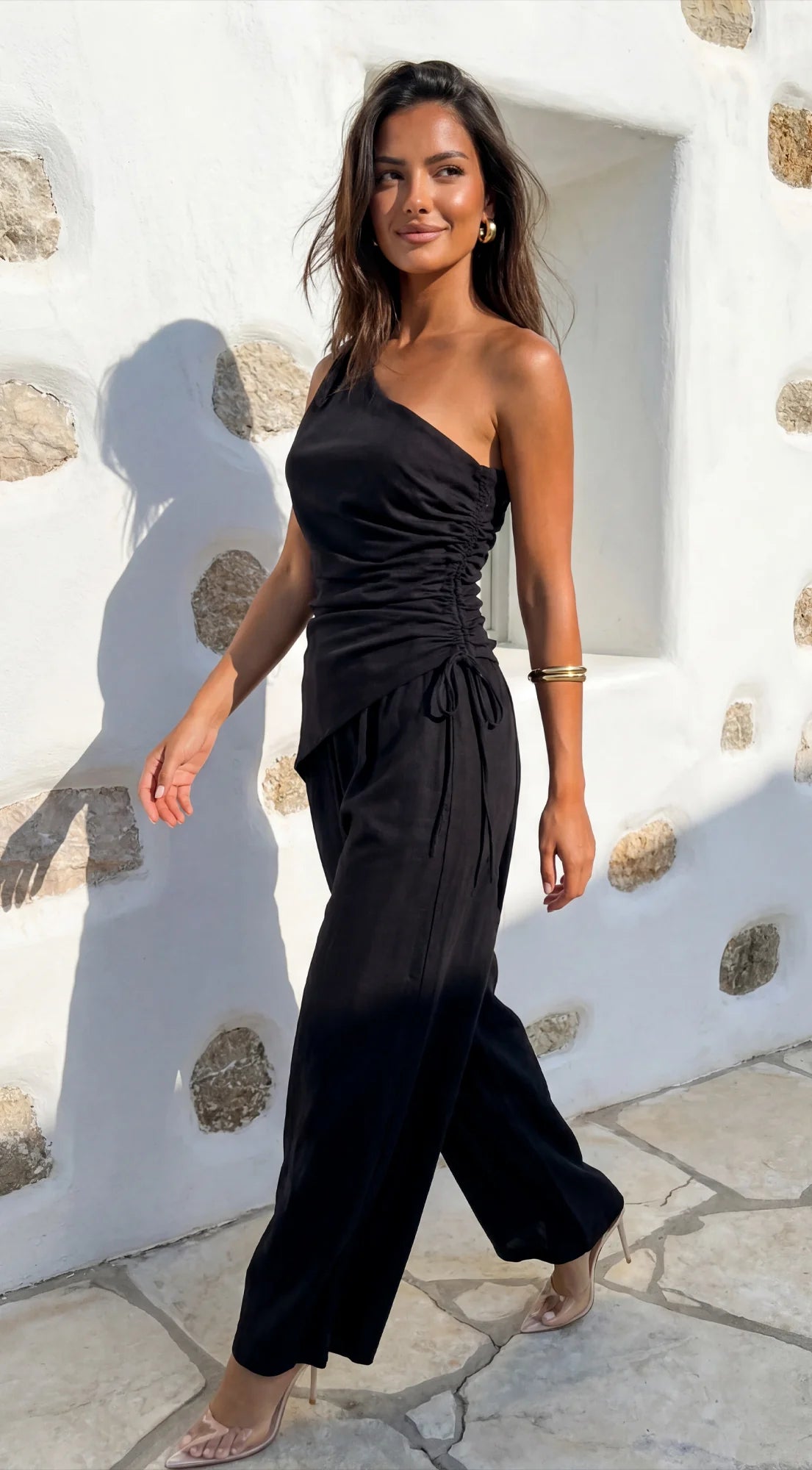 Caldera Linen One Shoulder Set Black