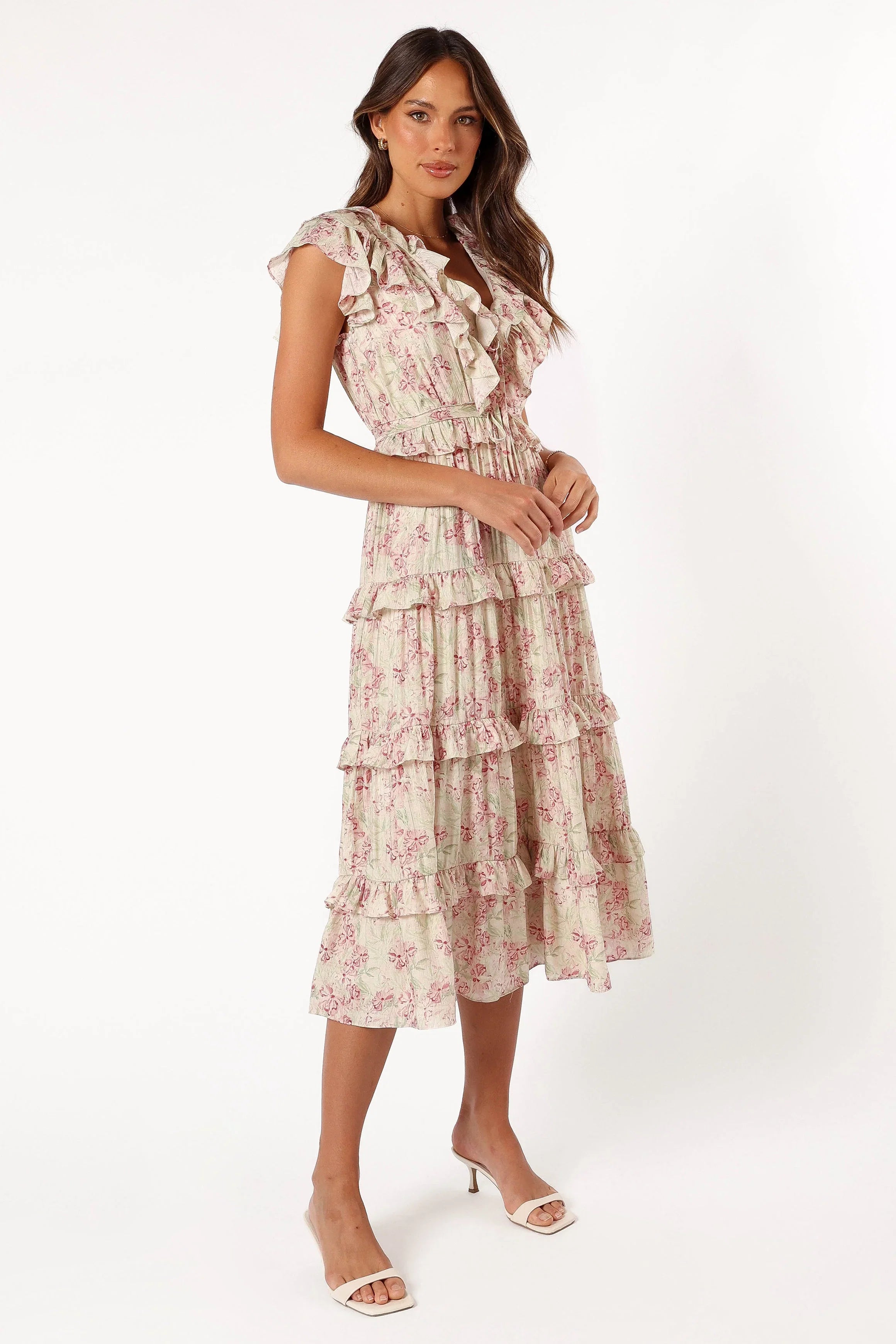 Levelle Midi Ruffle Dress Ivory Red Green Floral