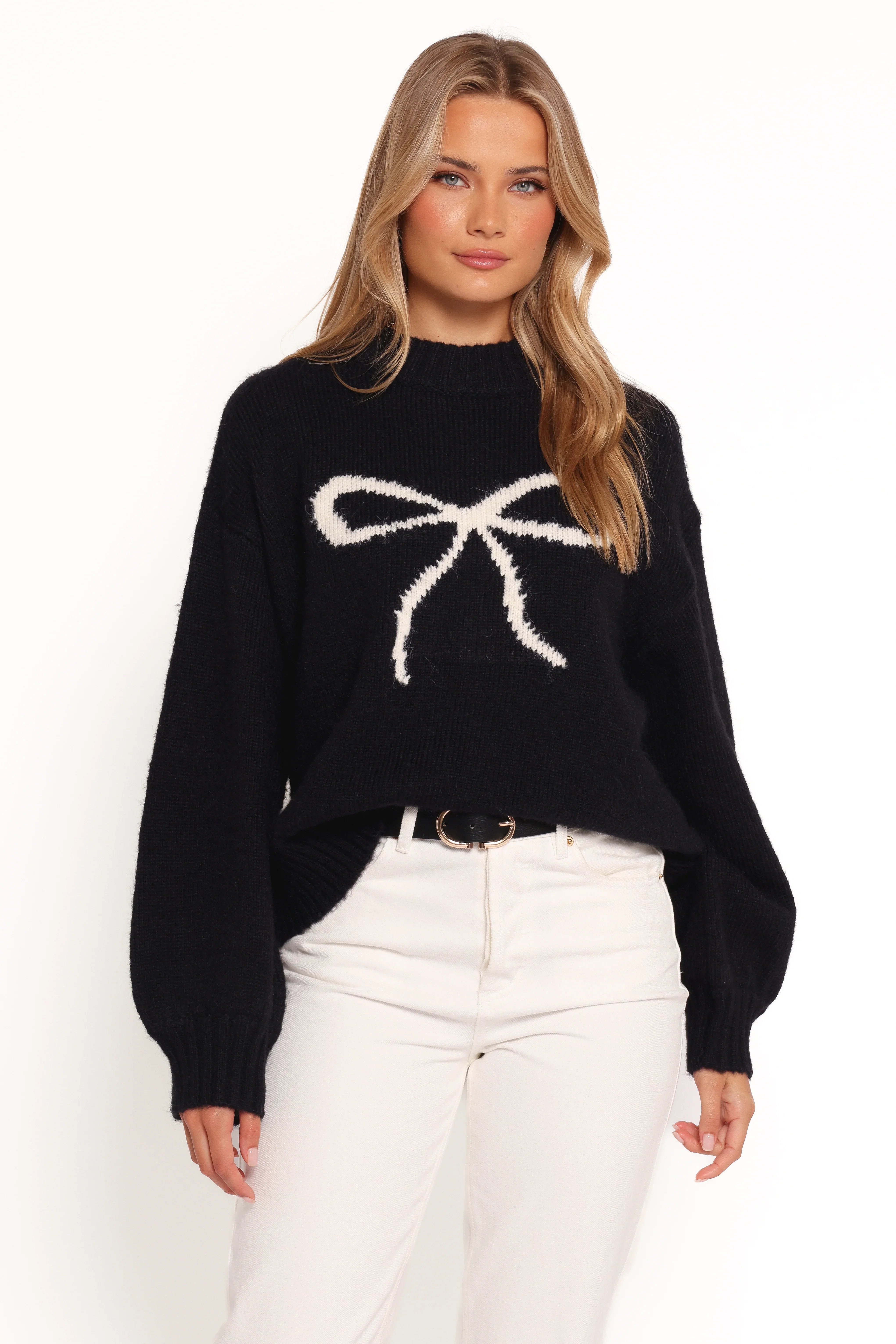 Cecelia Bow Print Mock Neck Knit Sweater Black