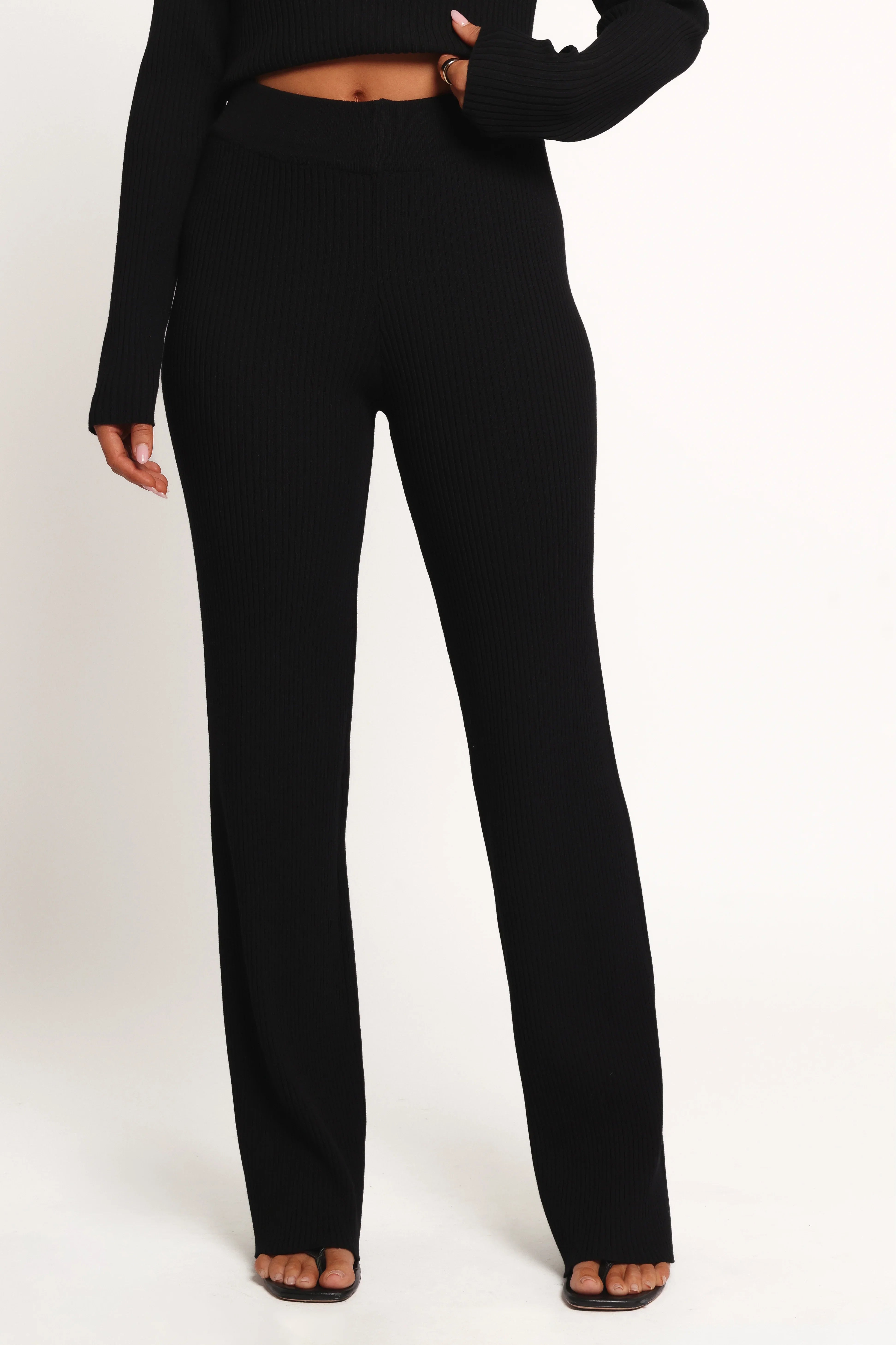 Gindie Ribbed Knit Off The Shoulder Pant Set Black
