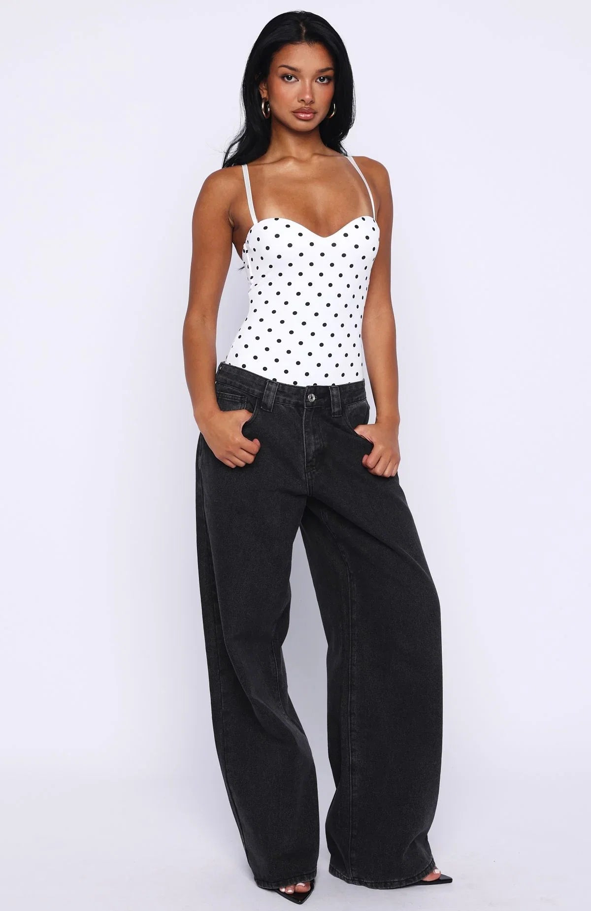 Stuck To You Bodysuit White Black Polka Dot