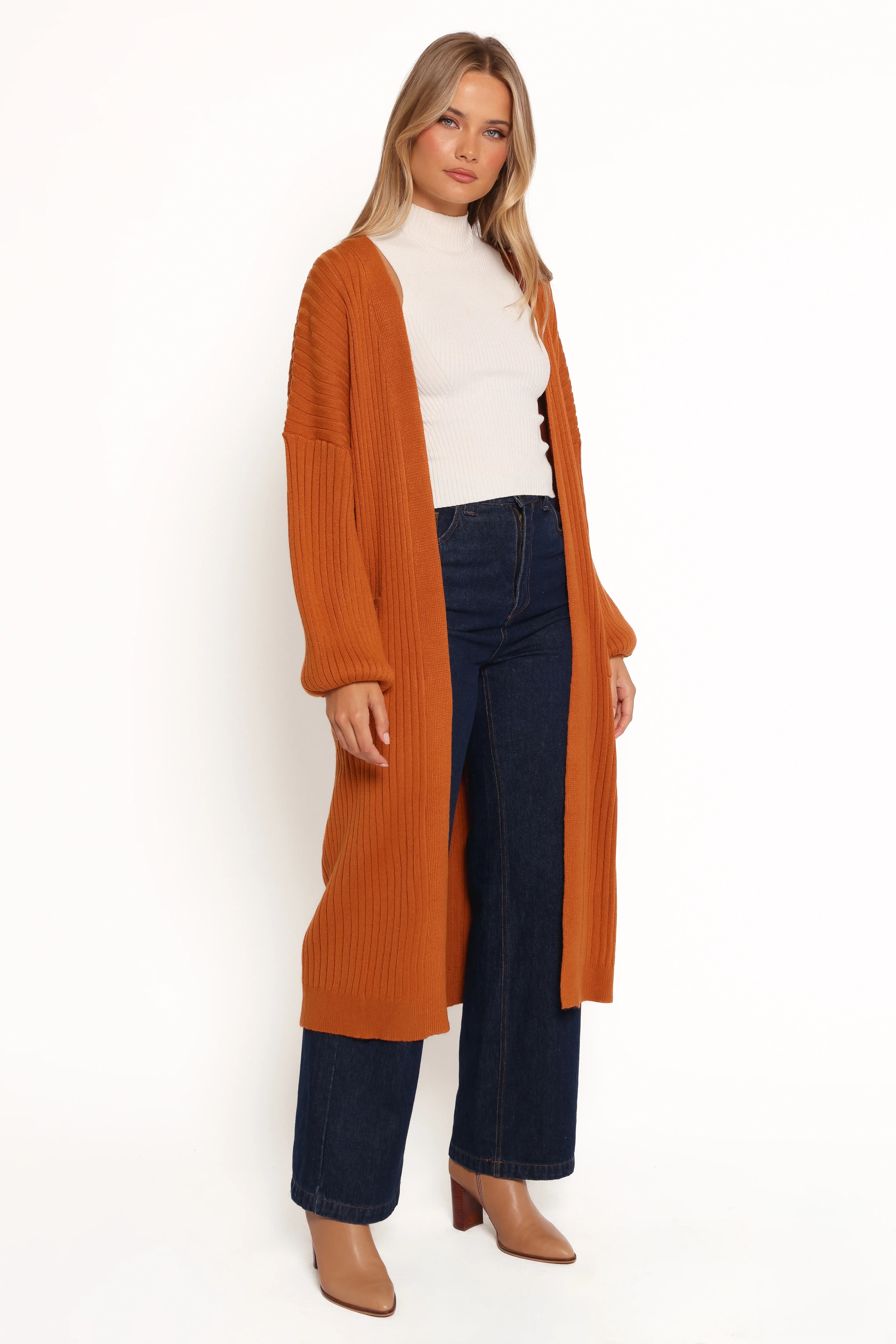 Makenna Long Open Front Cardigan Rust