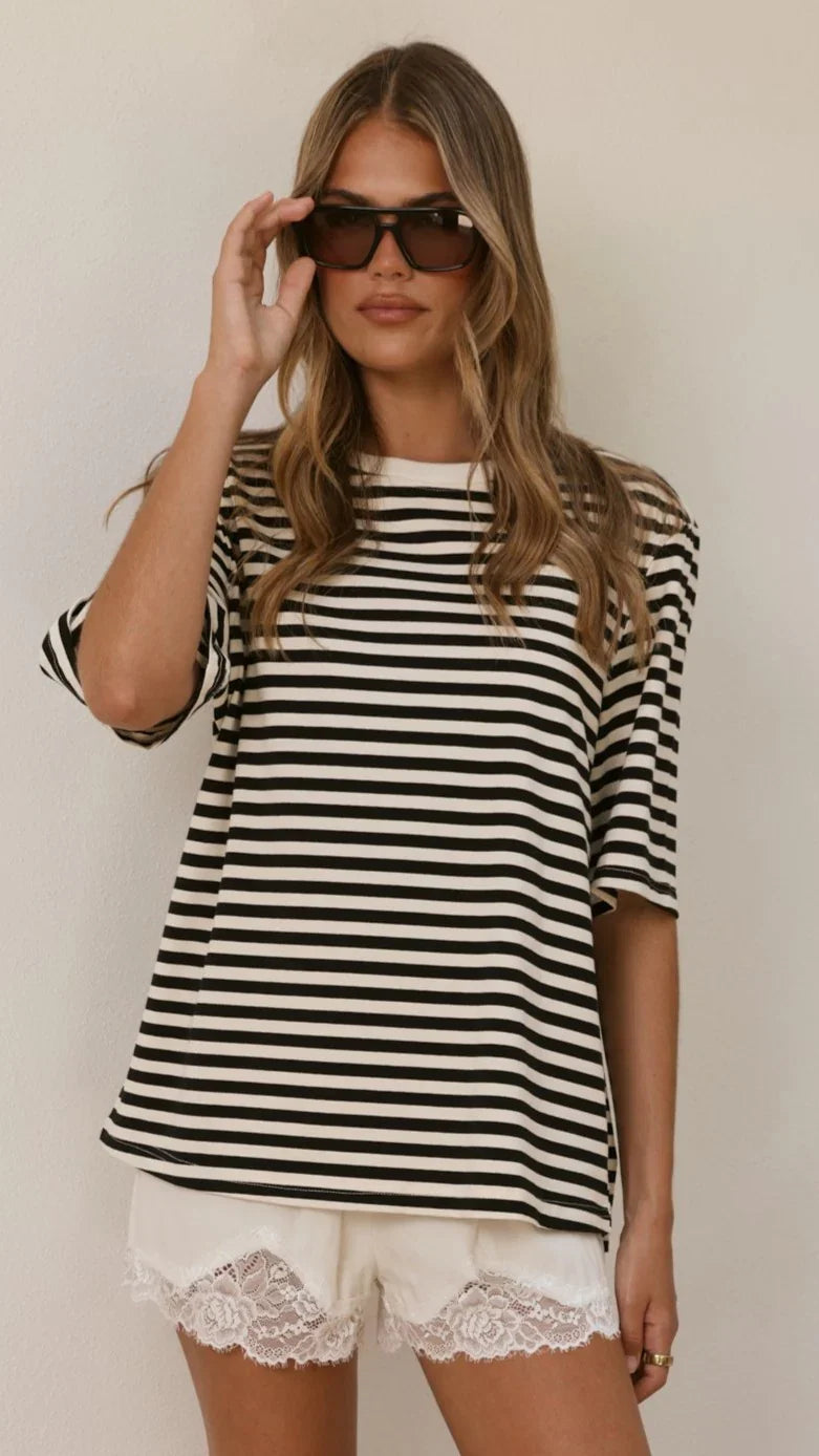 Josie Crew Neck Tee Black White Stripe