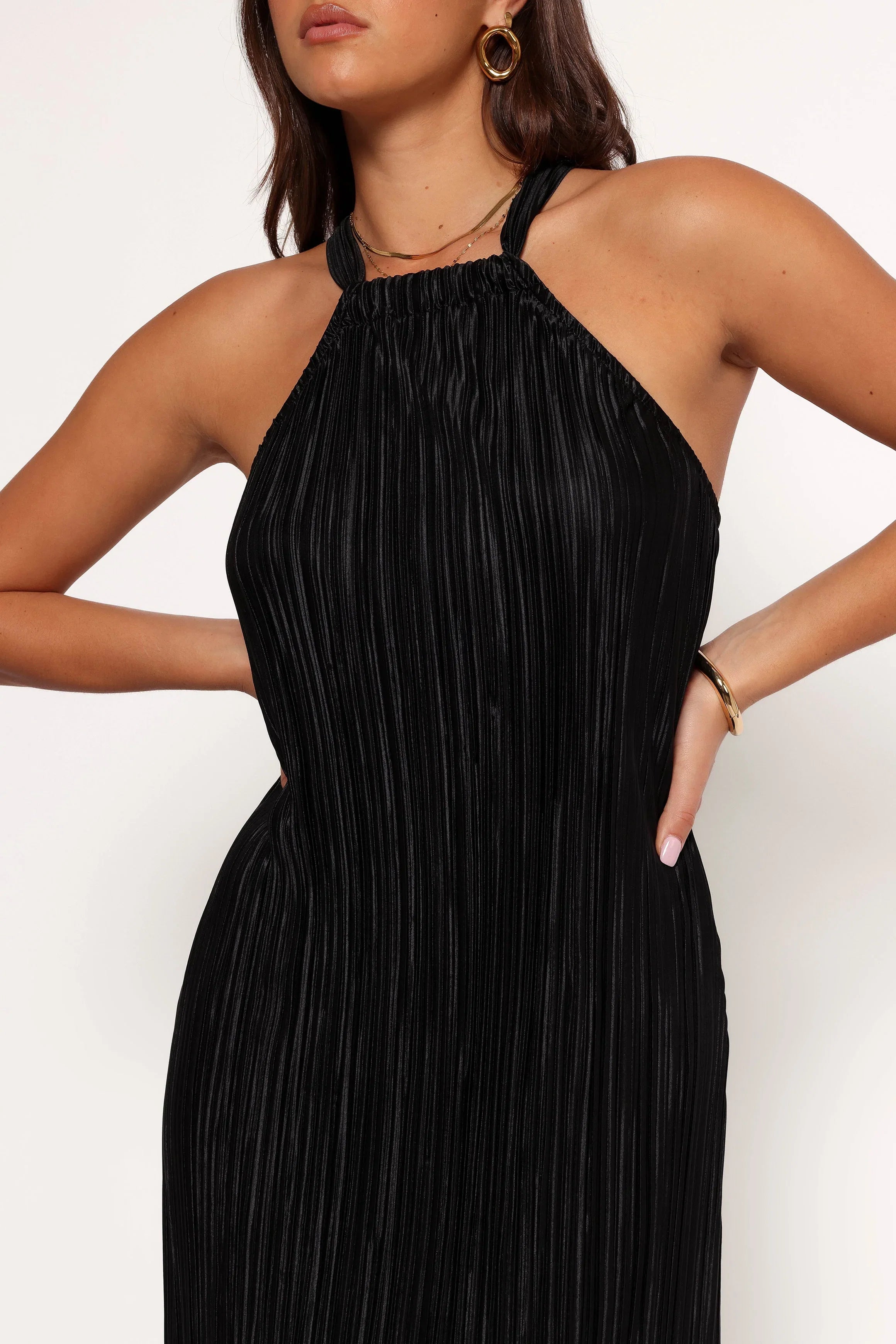 Melody Plisse Halter Maxi Dress Black