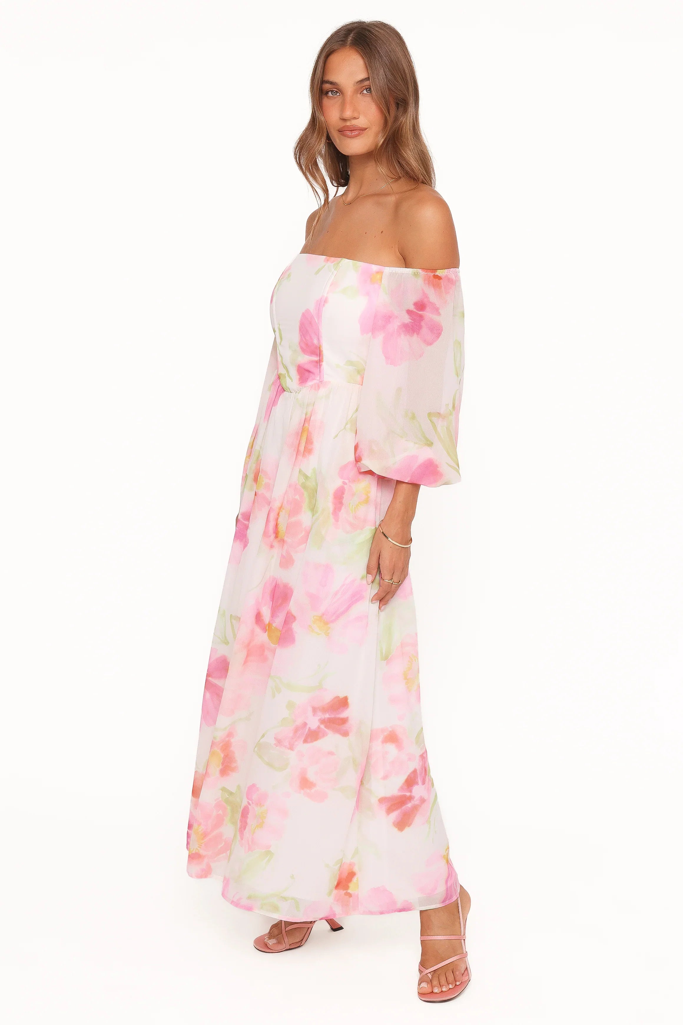 Chantel Off Shoulder Maxi Dress Pink Garden Floral