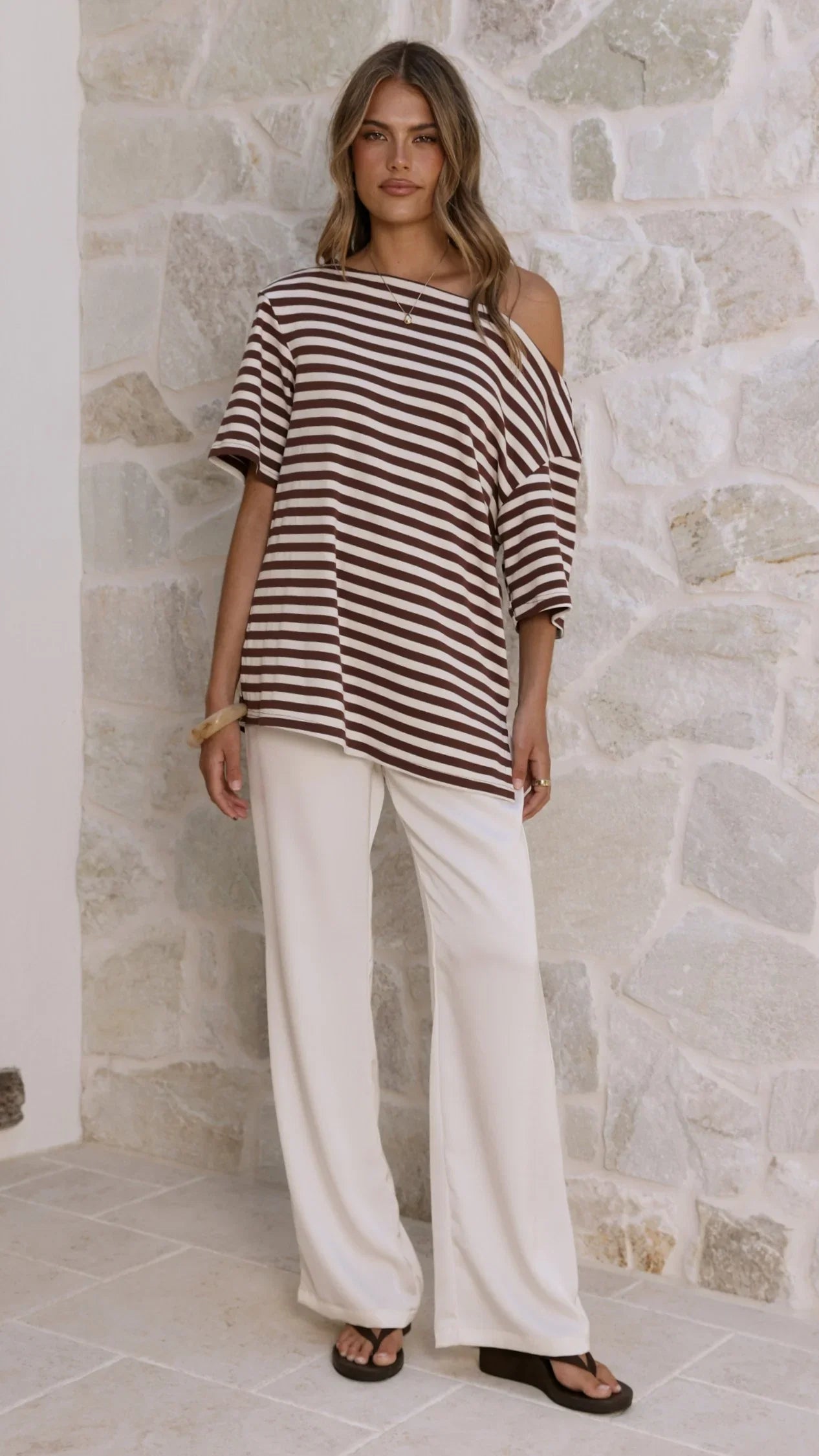 Pia One Shoulder Oversize Tee Choc White Stripe