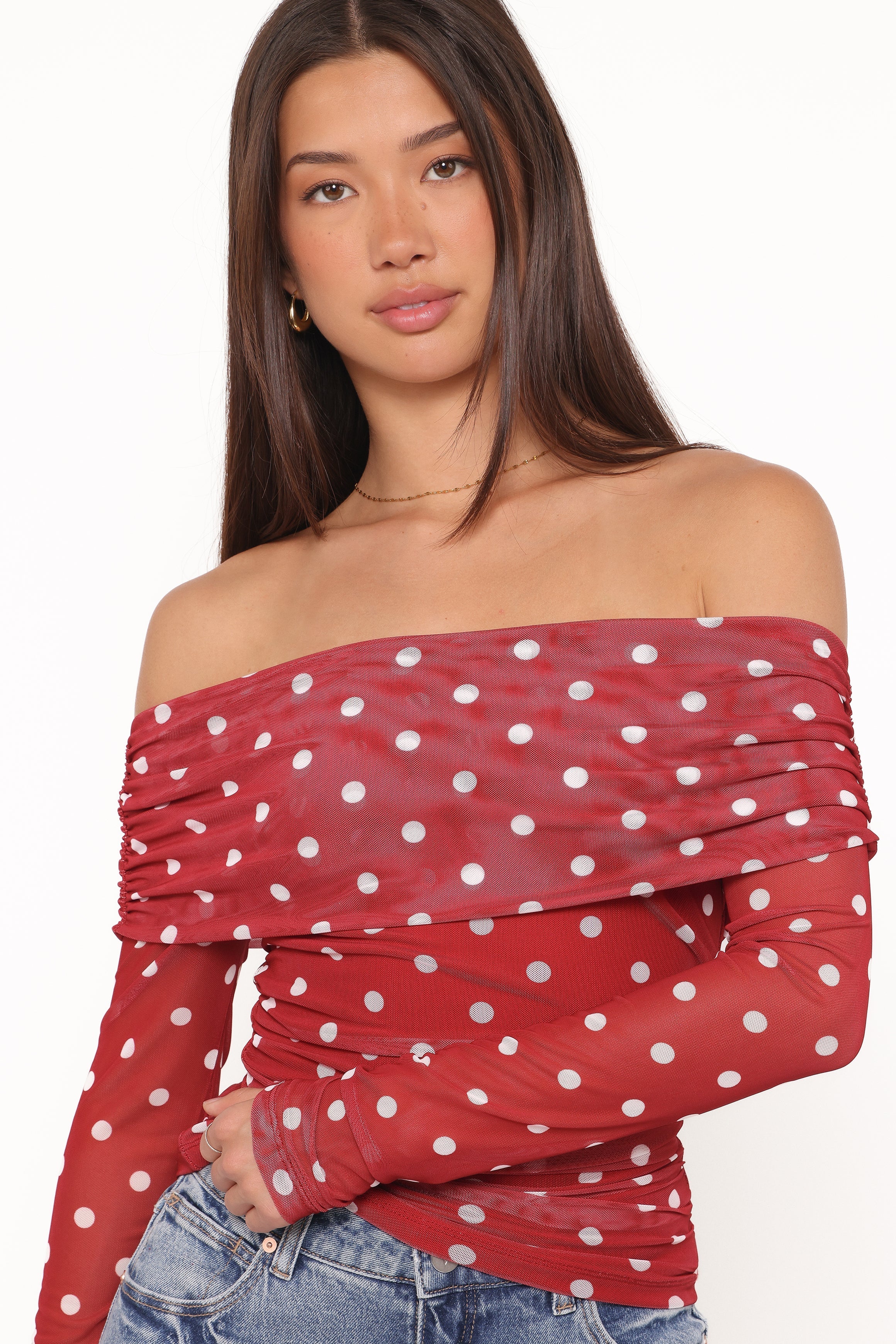 Caelira Off Shoulder Top Red Polka Dot
