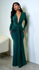 Leilani Metallic Ruched Deep V Maxi Dress Green