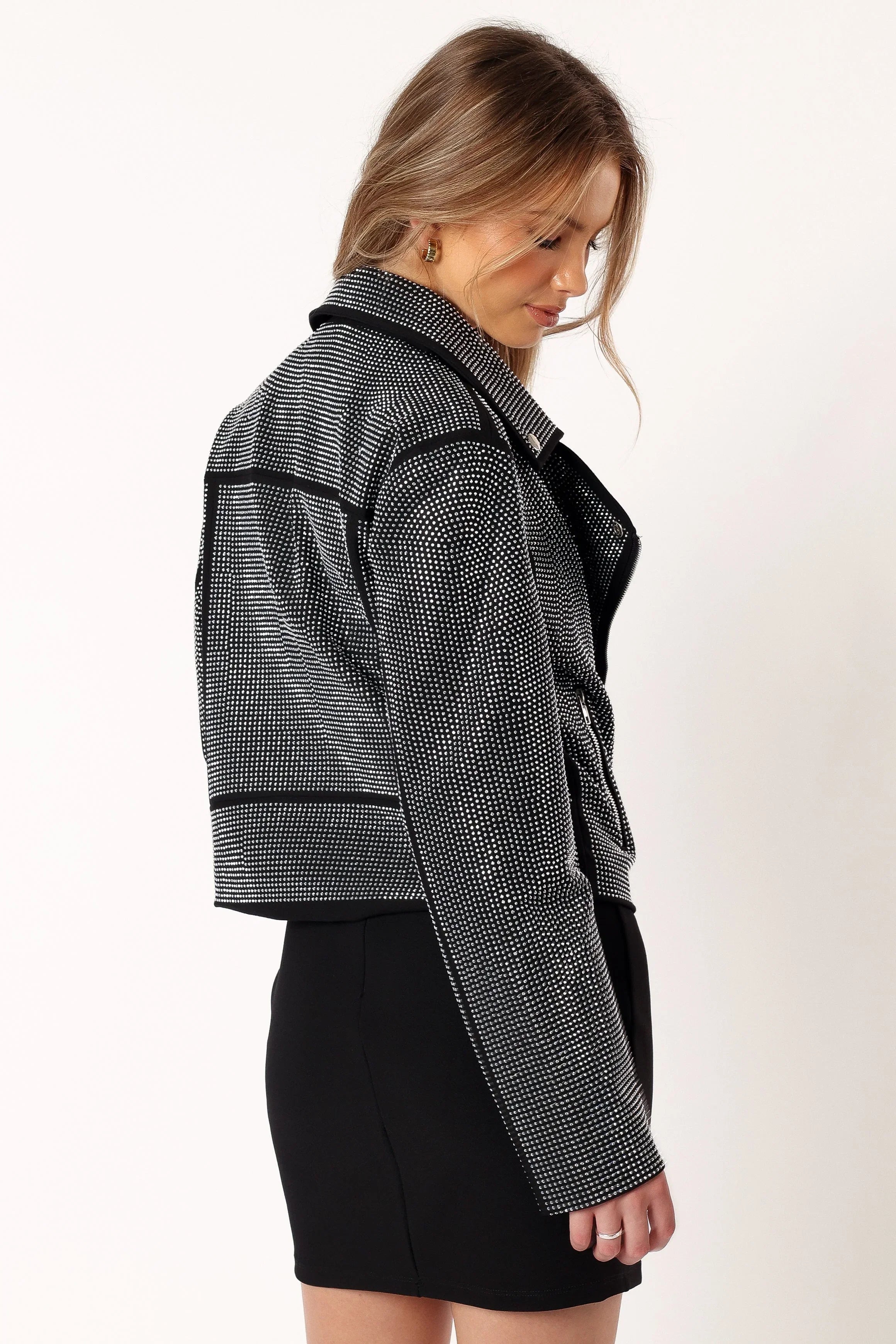Elaina Crystal Studded Moto Jacket Black