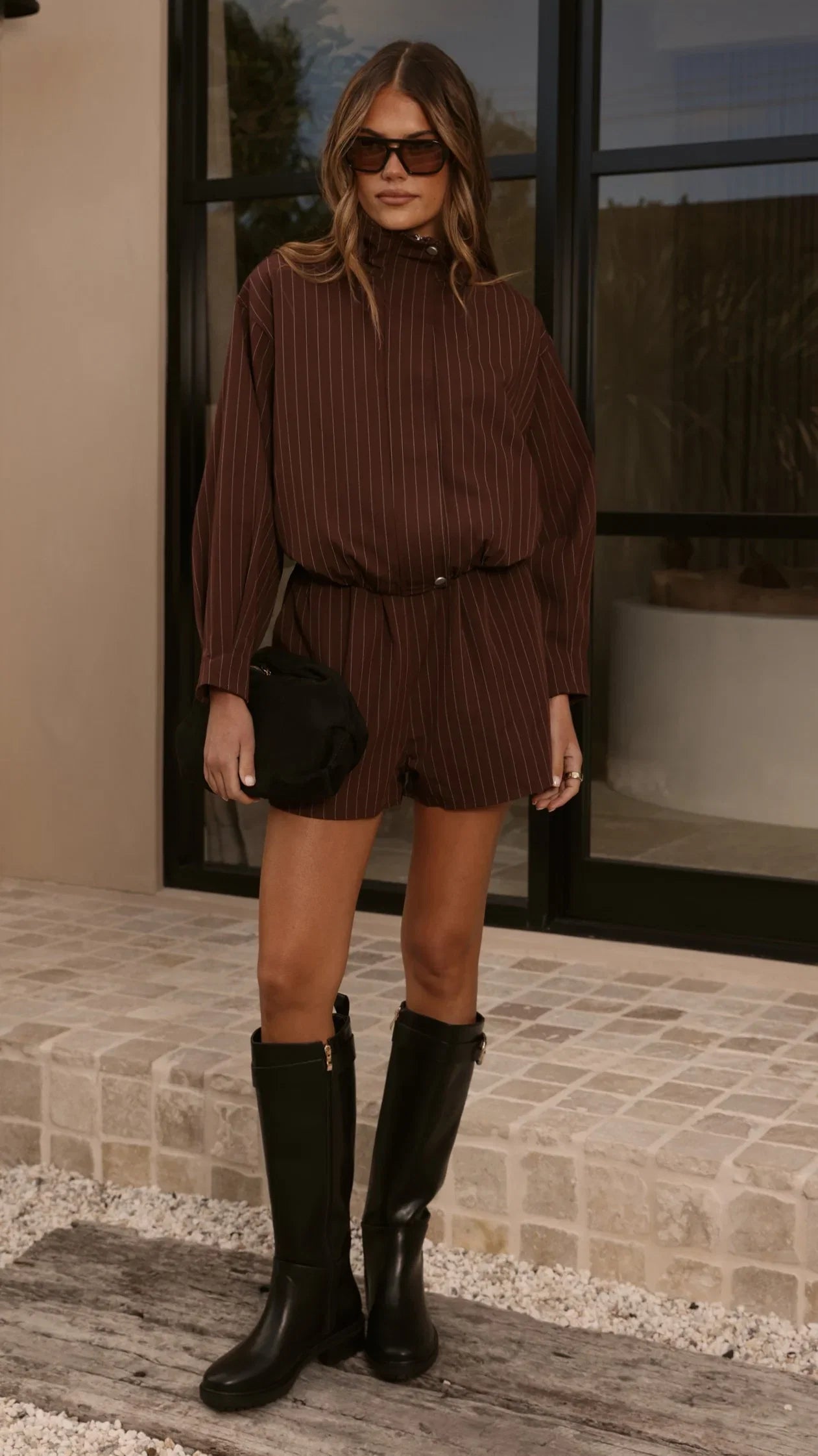 Ivana Funnel Neck Jacket Shorts Set Brown Pinstripe