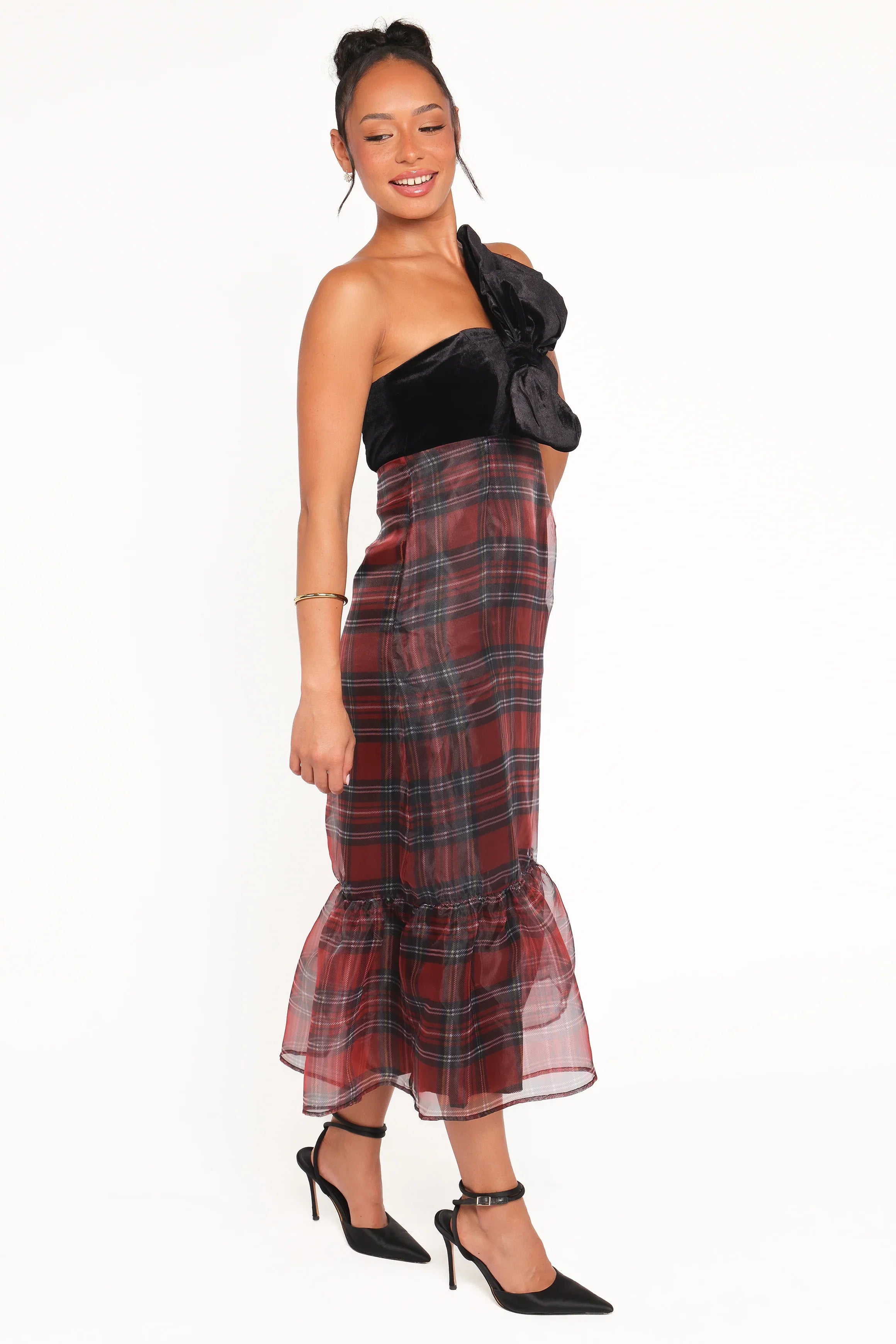 Amelie Bow Front One Shoulder Midi Dress Red Plaid