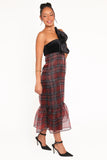 Amelie Bow Front One Shoulder Midi Dress Red Plaid