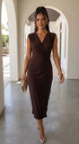 Seralya V Neck Surplice Pleated Midi Dress Brown