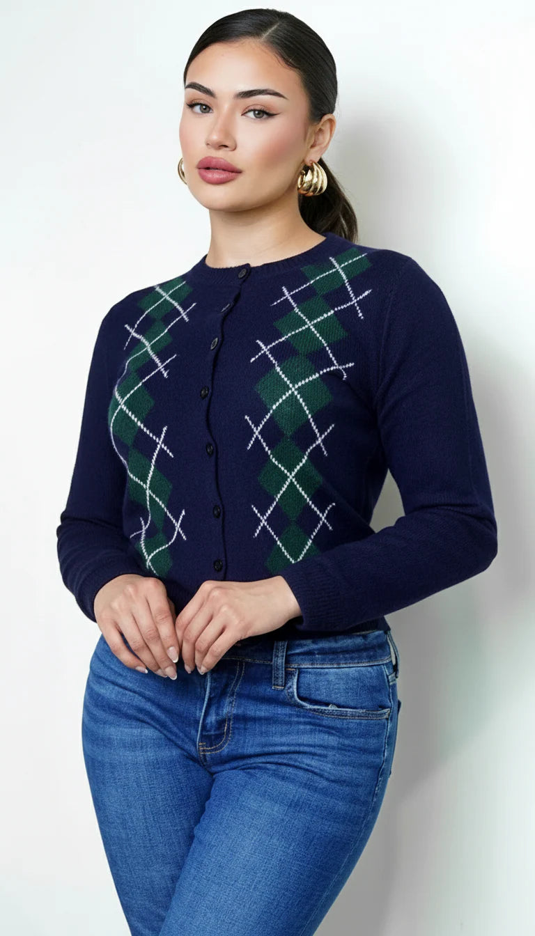 Mirex Argyle Knit Cardigan Navy