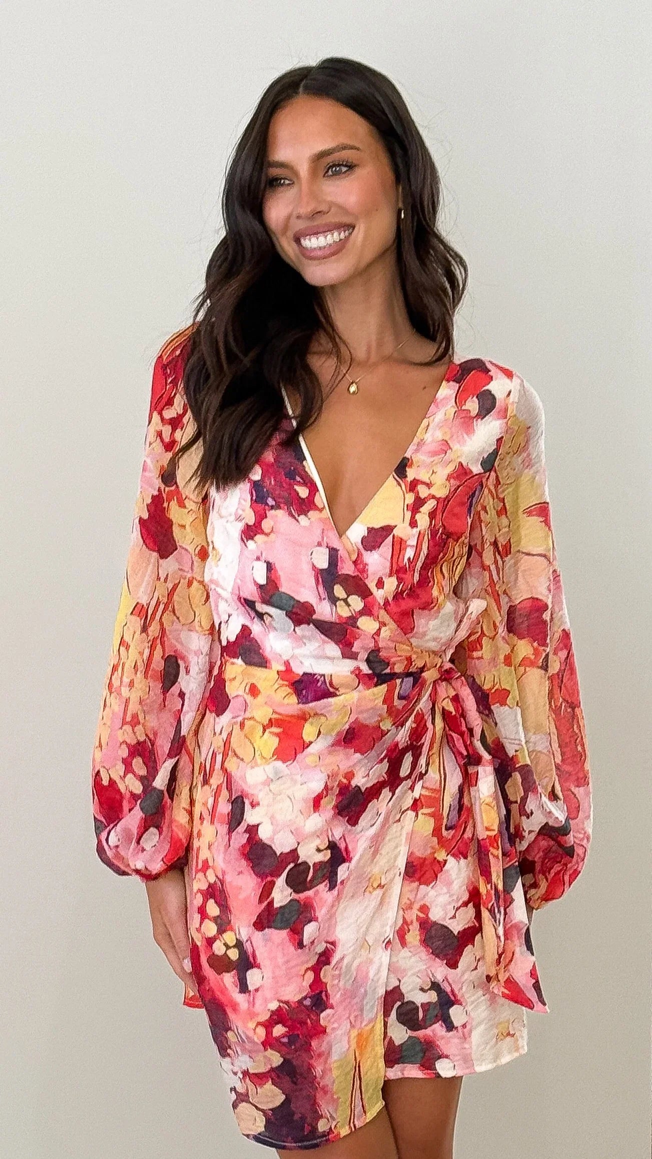 Jemma Long Sleeve Mini Dress Pink Abstract