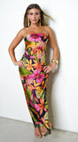 Muse Tropical Print Satin Strapless Maxi Dress Multi Black
