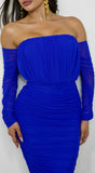 Annora Mesh Long Sleeve Ruched Midi Dress Blue