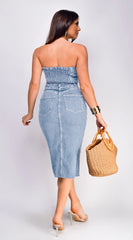 Lucia Denim Front Slit Midi Dress Light Blue