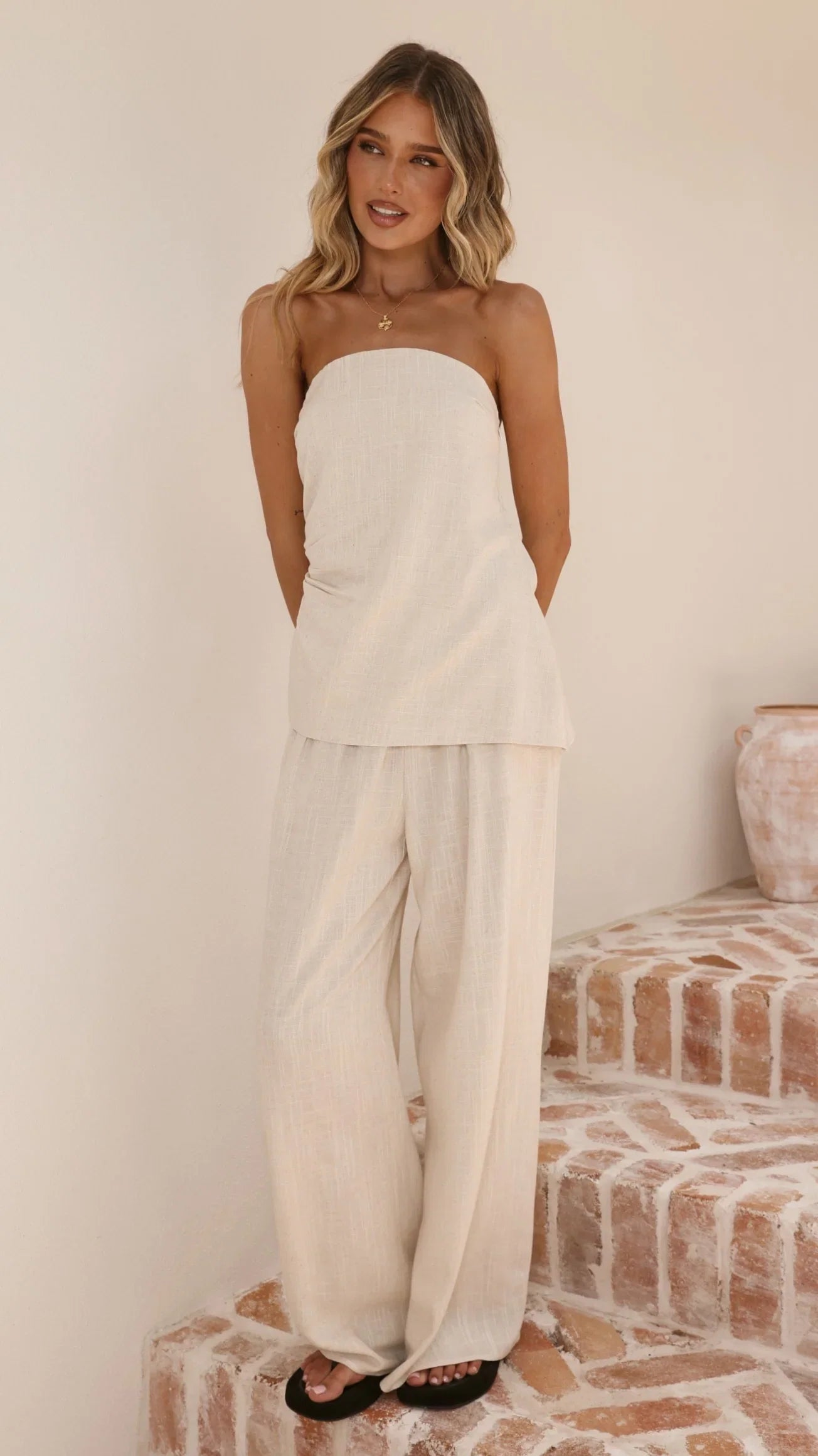 Yuki Strapless Top and Pants Set Oatmeal