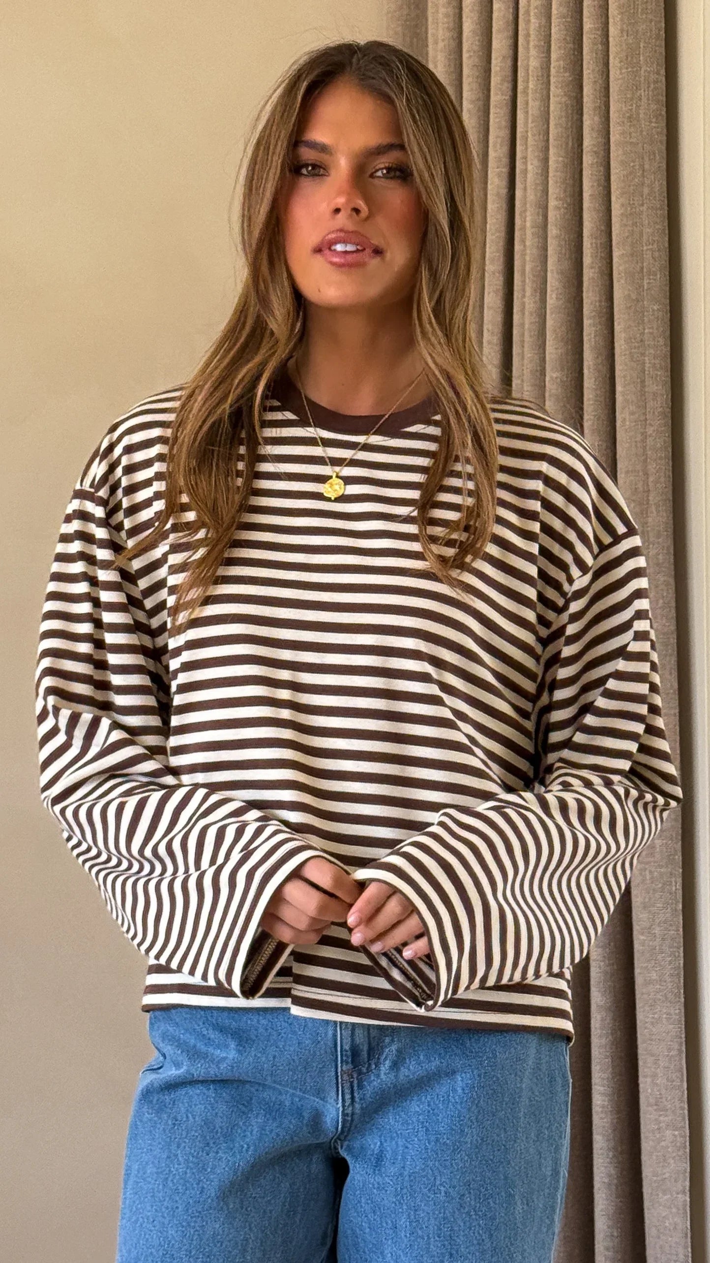 Solana Long Sleeve Top Choc White Stripe