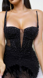Orlisse Rhinestone Feather Maxi Dress Black