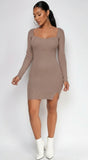 Arsenie Long sleeve Sweater Ribbed Side Slit Mini Dress Brown