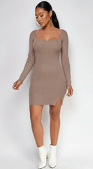 Arsenie Long sleeve Sweater Ribbed Side Slit Mini Dress Brown