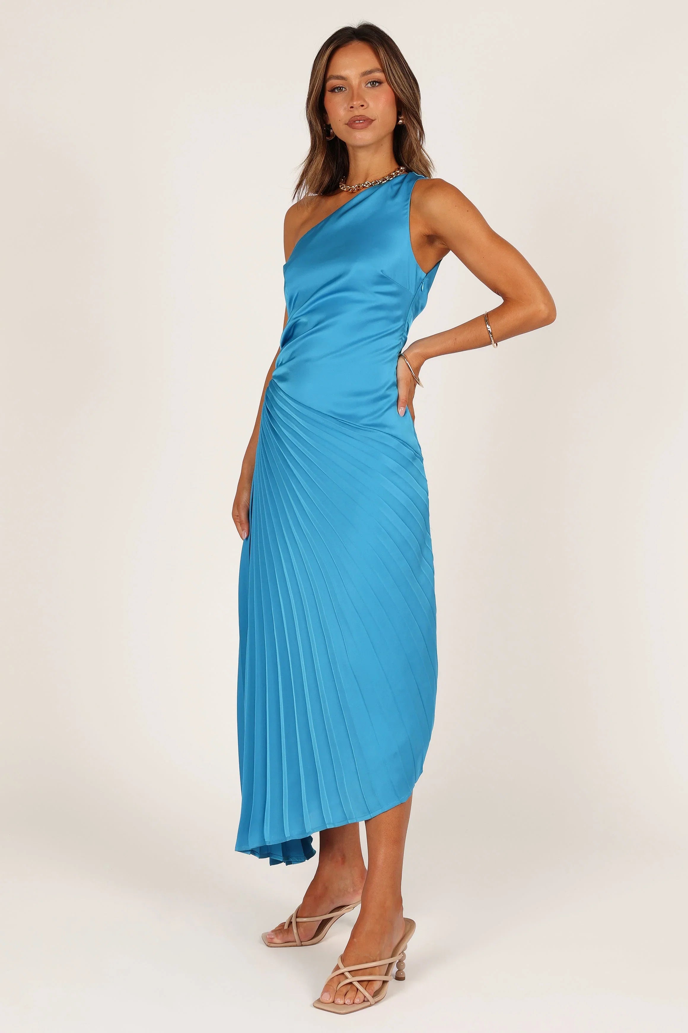 Flin Pleated One Shoulder Midi Dress Blue