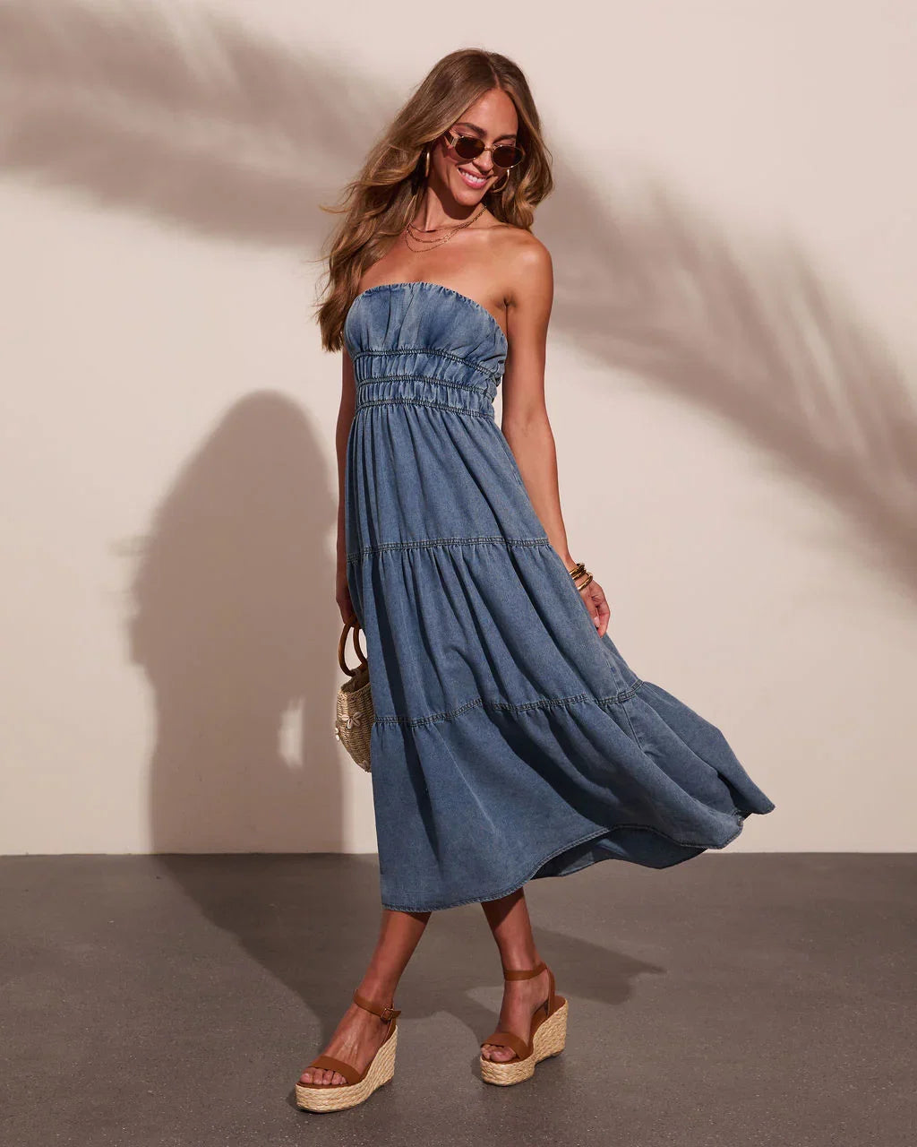 Jaclyne Strapless Tiered Chambray Maxi Dress